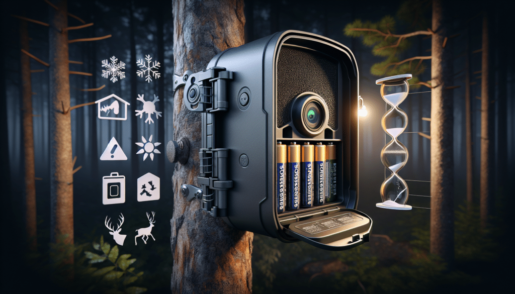 A hyper-realistic depiction of a trail camera mounted on a tree, with its open back compartment revealing a set of generic, unbranded batteries. The evening forest background has low light, adding a hint of mystery. Around the camera, symbols of significant battery draining factors float, such as extreme temperatures represented by a snowflake and a blazing sun, along with a high frequency animal symbolized by a deer. An hourglass symbolizes time, indicating the demise of the batteries over time.