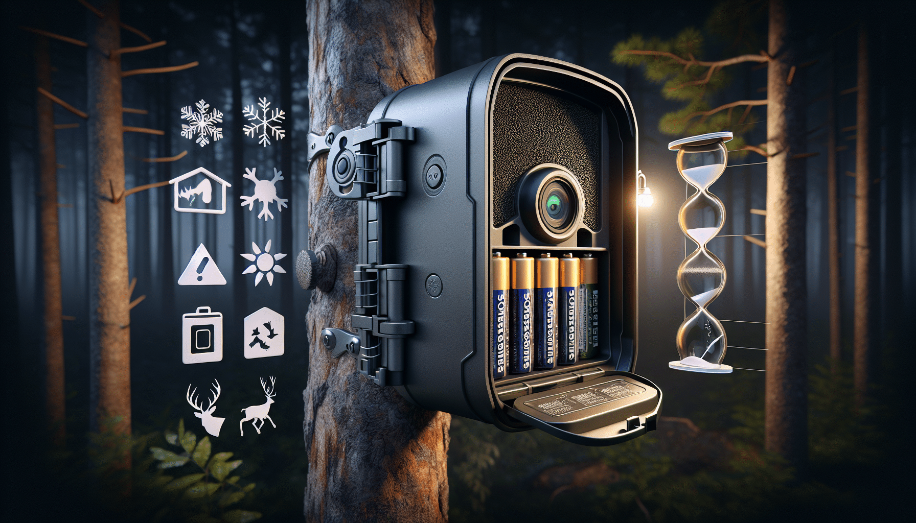 A hyper-realistic depiction of a trail camera mounted on a tree, with its open back compartment revealing a set of generic, unbranded batteries. The evening forest background has low light, adding a hint of mystery. Around the camera, symbols of significant battery draining factors float, such as extreme temperatures represented by a snowflake and a blazing sun, along with a high frequency animal symbolized by a deer. An hourglass symbolizes time, indicating the demise of the batteries over time.