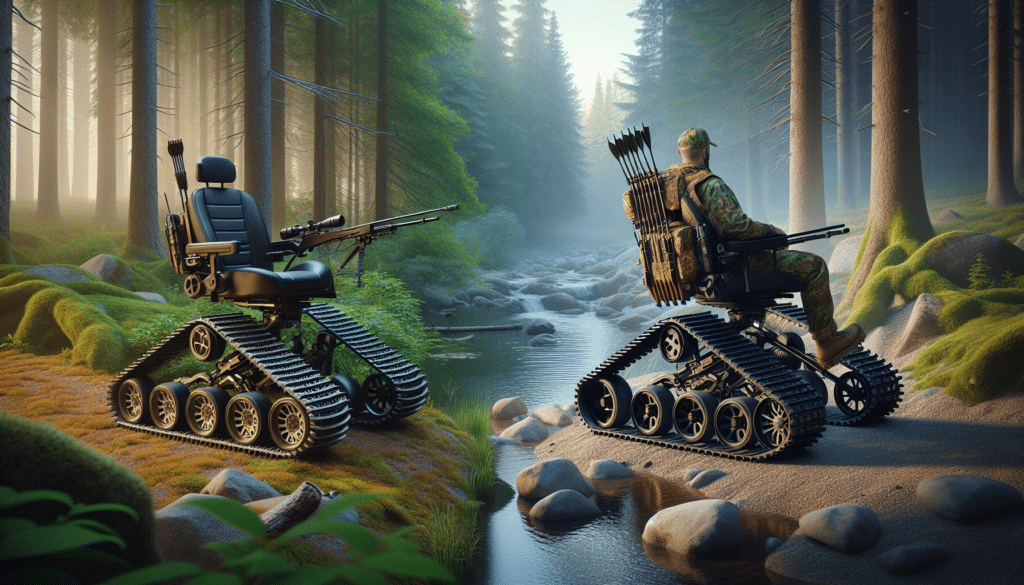 Create a hyper-realistic scene showing two distinct types of mobility chairs used for hunting. On one side, depict a 'Track Chair', a rugged, all-terrain wheelchair with caterpillar tracks, stationed in a dense forest close to a tranquil brook, exuding a sense of adventure and wilderness. On the other side, illustrate an 'Action Track Chair', subtly differentiated with more advanced features like additional shock absorbers and extended tracks, positioned on a rocky hill to signify bravery and tenacity. Ensure the prominence of the differential features of the chairs without any humans, texts, brand names, or logos.