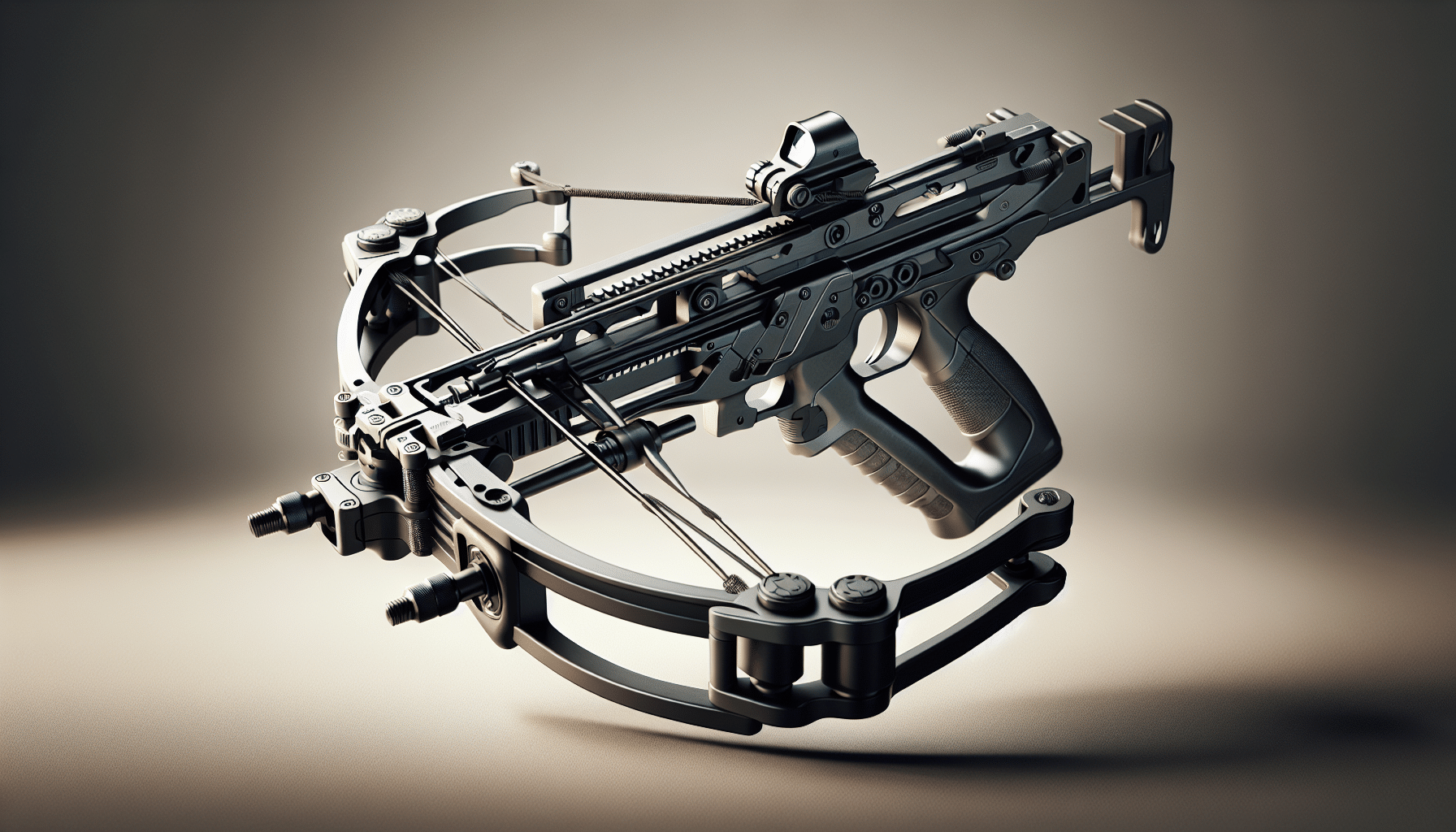 A hyper-realistic image of an aesthetically pleasing, expertly crafted crossbow. The design is catered to one-handed use, being lightweight, compact, and efficient. The grip is ergonomic, designed for a secure, one-handed hold. The mechanisms of the crossbow are visibly engineered for easy one-handed reloading and firing. High-quality, durable materials are clearly evident, without any brand names or logos. The background is a neutral, nondescript surface, subtly emphasizing the unique qualities of the crossbow. The lighting is natural and well-balanced, spotlighting the crossbow whilst maintaining a realistic setting.