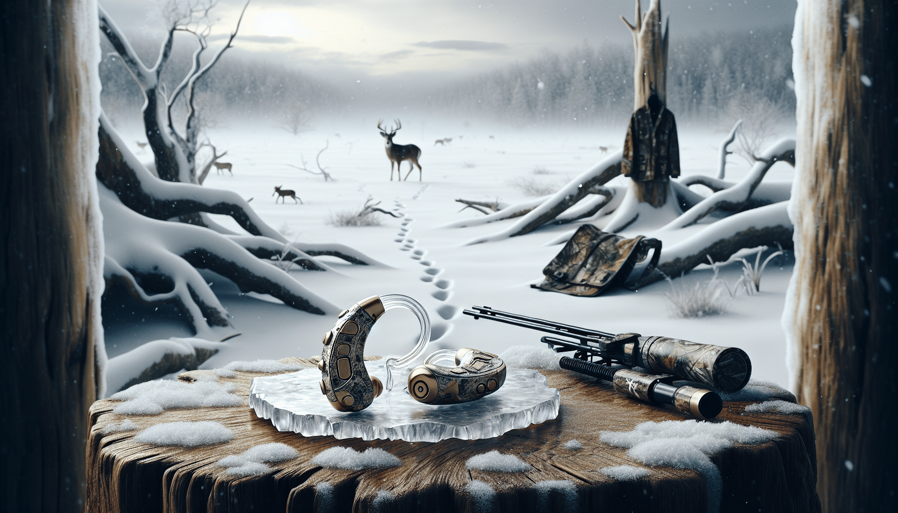 Envision a hyper-realistic scene set in an expansive, white, snow-covered terrain under a pale winter sky. A pair of high-tech hearing aids lie atop an ice crystal-encrusted oak table to the side. In the background, there is hunting gear- a crossbow, and a camouflage coat hanging on a withered tree branch. Animal prints meander away into the distance. There is a sense of quietude, barely broken by a few falling snowflakes. The only sign of 'hunting' is a distant silhouette of a deer cautiously walking through the woods.