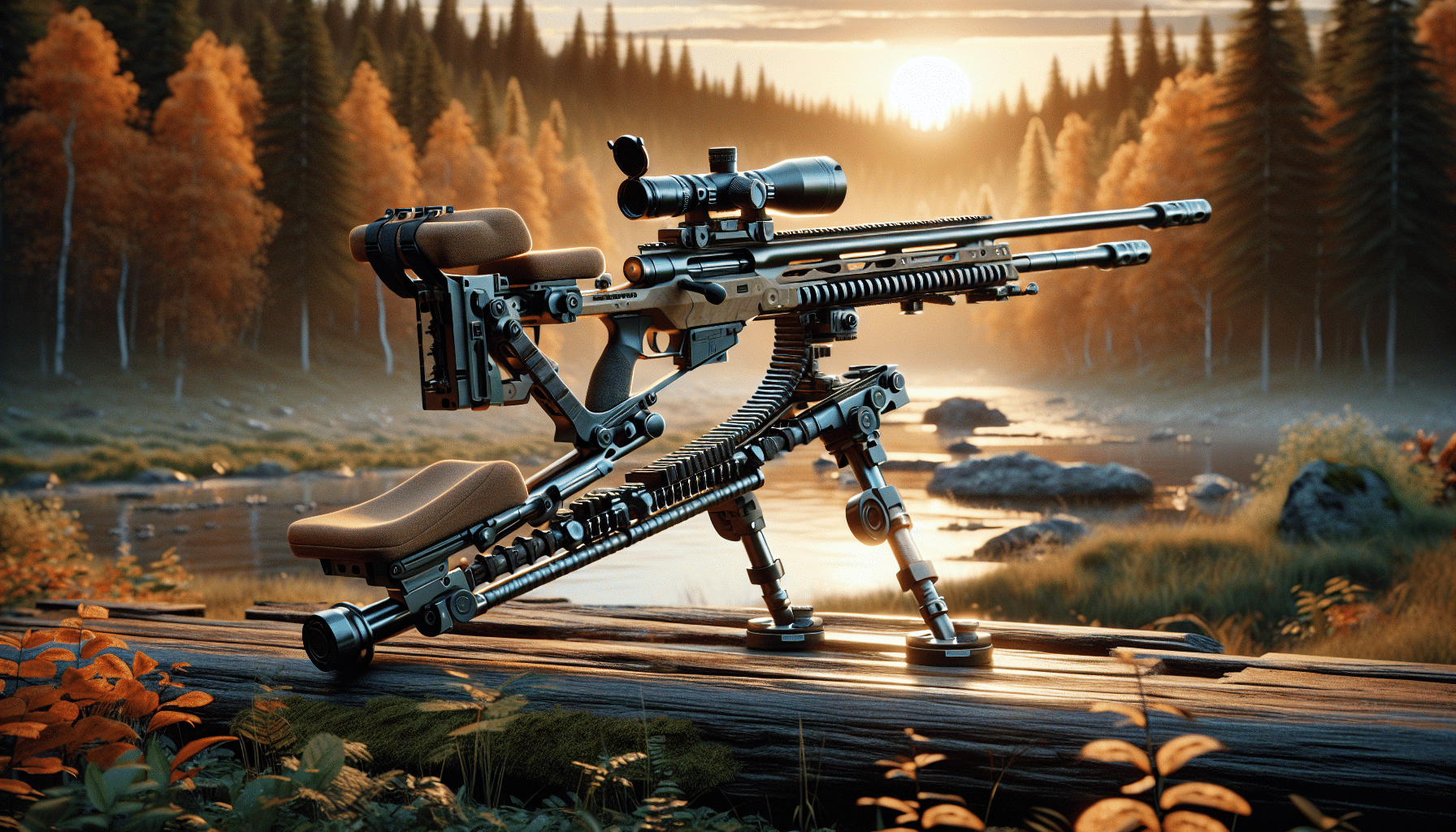 A highly detailed and hyper-realistic image of a shooting rail designed for hunters with limited mobility. It features a robust, yet lightweight frame that allows for easy maneuverability and setup in various terrains. The shooting rail presents ergonomic cushioning and an adjustable length to accommodate different heights. It's equipped with a stable support structure for the firearm, allowing for accuracy while hunting. There's also a compact carrying handle for easy transportation. The whole scenario is set in a forest during autumn, with a calm river and a setting sun in the background. No humans, brand logos, or text are included in the image.