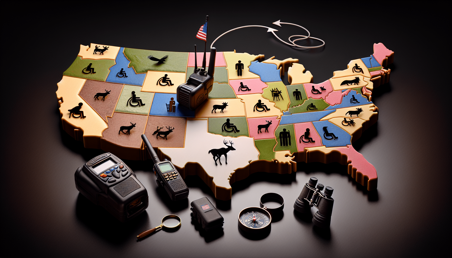 A hyper-realistic image illustrating the process of obtaining disabled hunting permits. A detailed map of the United States is in the center of the image. On the map, individual states are highlighted with different colors to represent different states' permits procedures. Adjacent to each state, represented by symbols, are a walkie-talkie, a compass, a pair of binoculars, and a hunting permit. All are displayed hyper-realistically without any text or brand names. An arrow trails from the hunting permit to each state, symbolizing the connection between the permit and particular state.