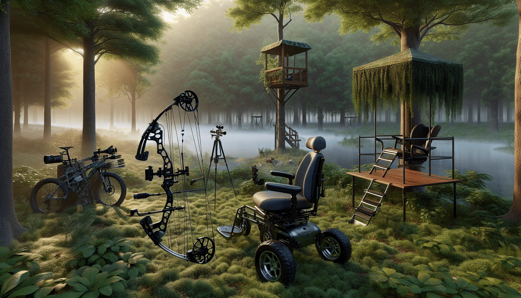 A hyper-realistic image of several different hunting aids designed to assist people with disabilities. The scene shows an adaptive bow and arrow with intricate detailing, an elevated hunting blind designed for easy access, and an all-terrain wheelchair specially outfitted for hunters. The adaptive equipment is displayed against a backdrop of plentiful forest with dense, green foliage, early morning light seeping through the canopies, and mist hanging low over a quiet pond. The serene atmosphere provides an impression of a peaceful hunting environment. Please note that no people, brand names or logos are present in this image.