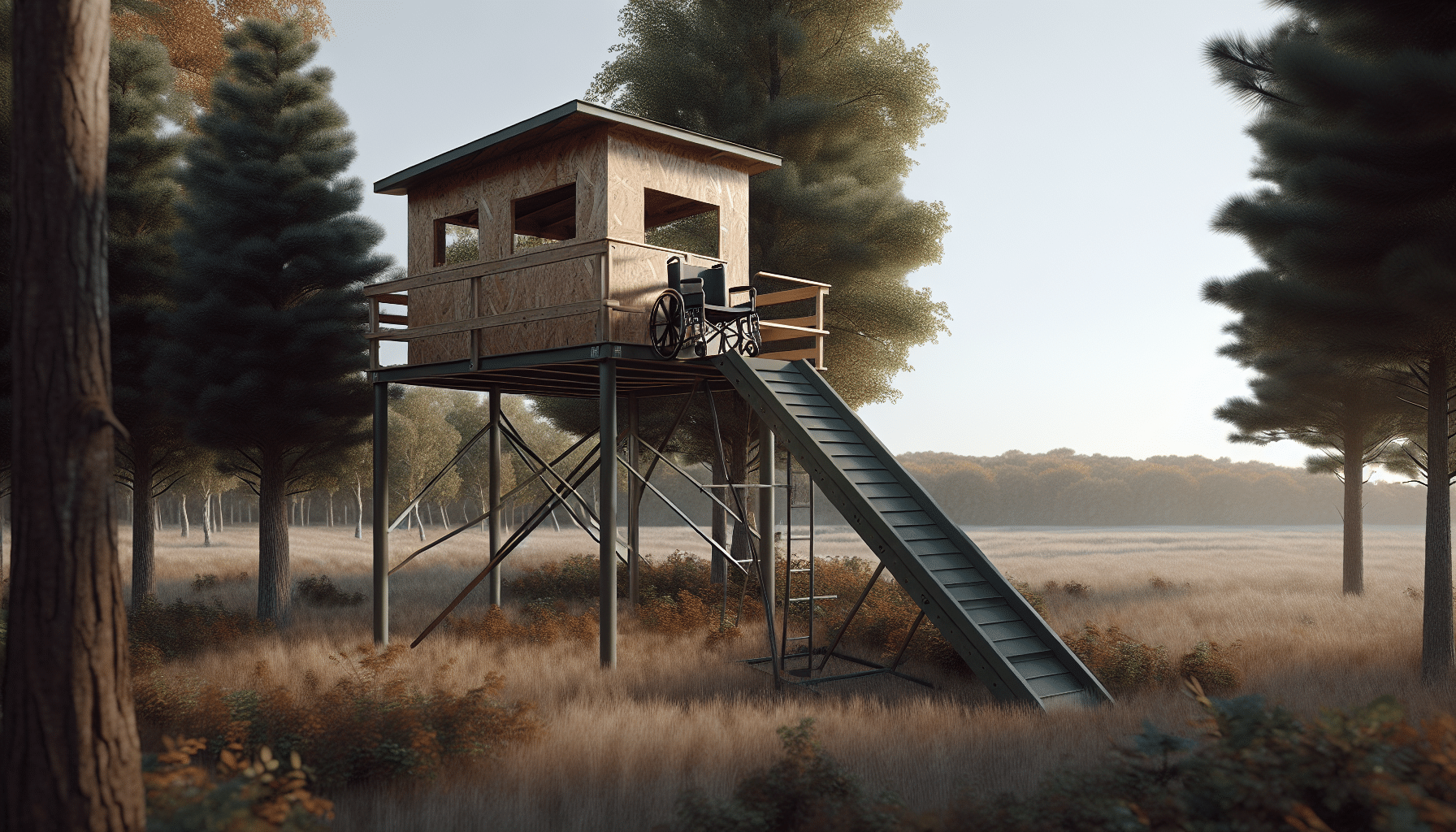 Visualize a hyper-realistic scene of a high-quality elevated hunting blind designed for accessibility, surrounded by a natural environment. The blind should be depicted standing atop sturdy support posts, well-above the ground. Attached should be a sloping, wide, and secure wheelchair ramp providing easy access to the structure. Ensure that the construction and materials are realistic and closely resemble those found in actual elevated blinds. The environment surrounding the blind should be typical of a quiet, secluded hunting area with various trees, grass, and subtle signs of wildlife. Avoid inclusion of any people, text, brand names, or logos.