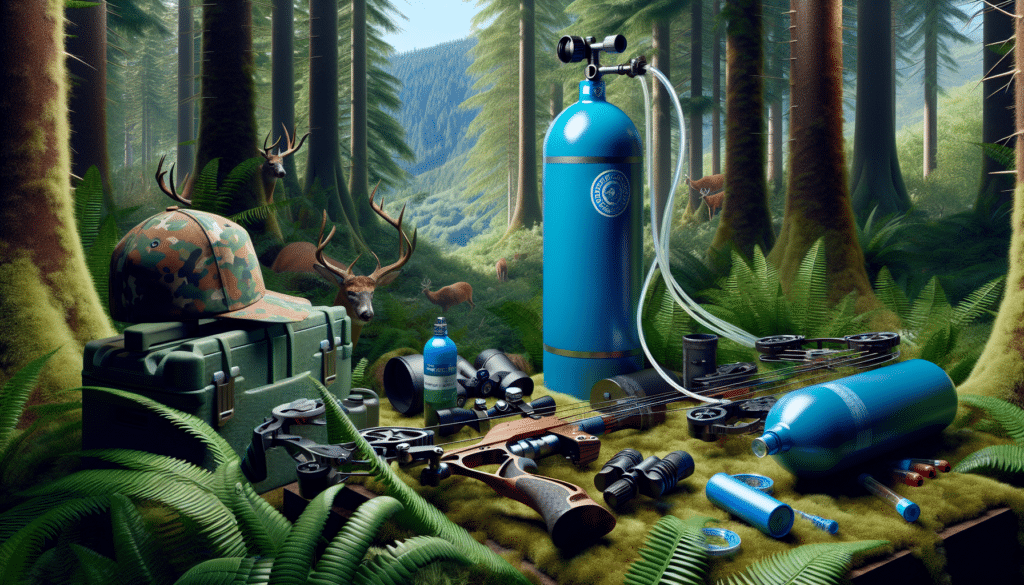 A highly-detailed hyperrealistic scene illustrating a unique hunting theme. Featured prominently is a bright blue oxygen tank which, contrary to tradition, is active in a lush forest environment. The tank is subtly integrated with a contemporary hunting bow, hinting its innovative role in the hunting process. Further, various hunting accessories like a camouflage hat, and binoculars lay nearby. A trail of animal footprints leads away from the scene, suggesting a recent chase. The natural environment is lush, dominated by towering evergreen trees, fern undergrowth and a hint of a distant mountain in the background. Overall, the image brilliantly encapsulates a non-conventional hunting method without including any humans, texts or brand logos.