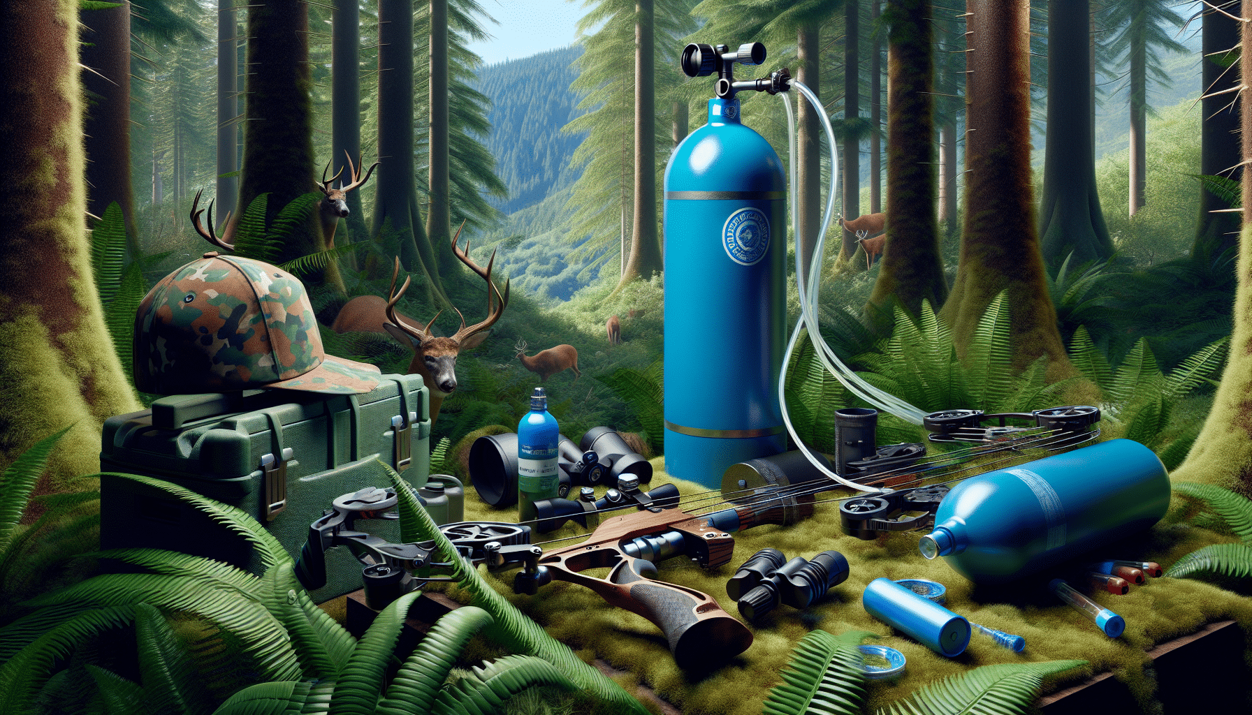 A highly-detailed hyperrealistic scene illustrating a unique hunting theme. Featured prominently is a bright blue oxygen tank which, contrary to tradition, is active in a lush forest environment. The tank is subtly integrated with a contemporary hunting bow, hinting its innovative role in the hunting process. Further, various hunting accessories like a camouflage hat, and binoculars lay nearby. A trail of animal footprints leads away from the scene, suggesting a recent chase. The natural environment is lush, dominated by towering evergreen trees, fern undergrowth and a hint of a distant mountain in the background. Overall, the image brilliantly encapsulates a non-conventional hunting method without including any humans, texts or brand logos.
