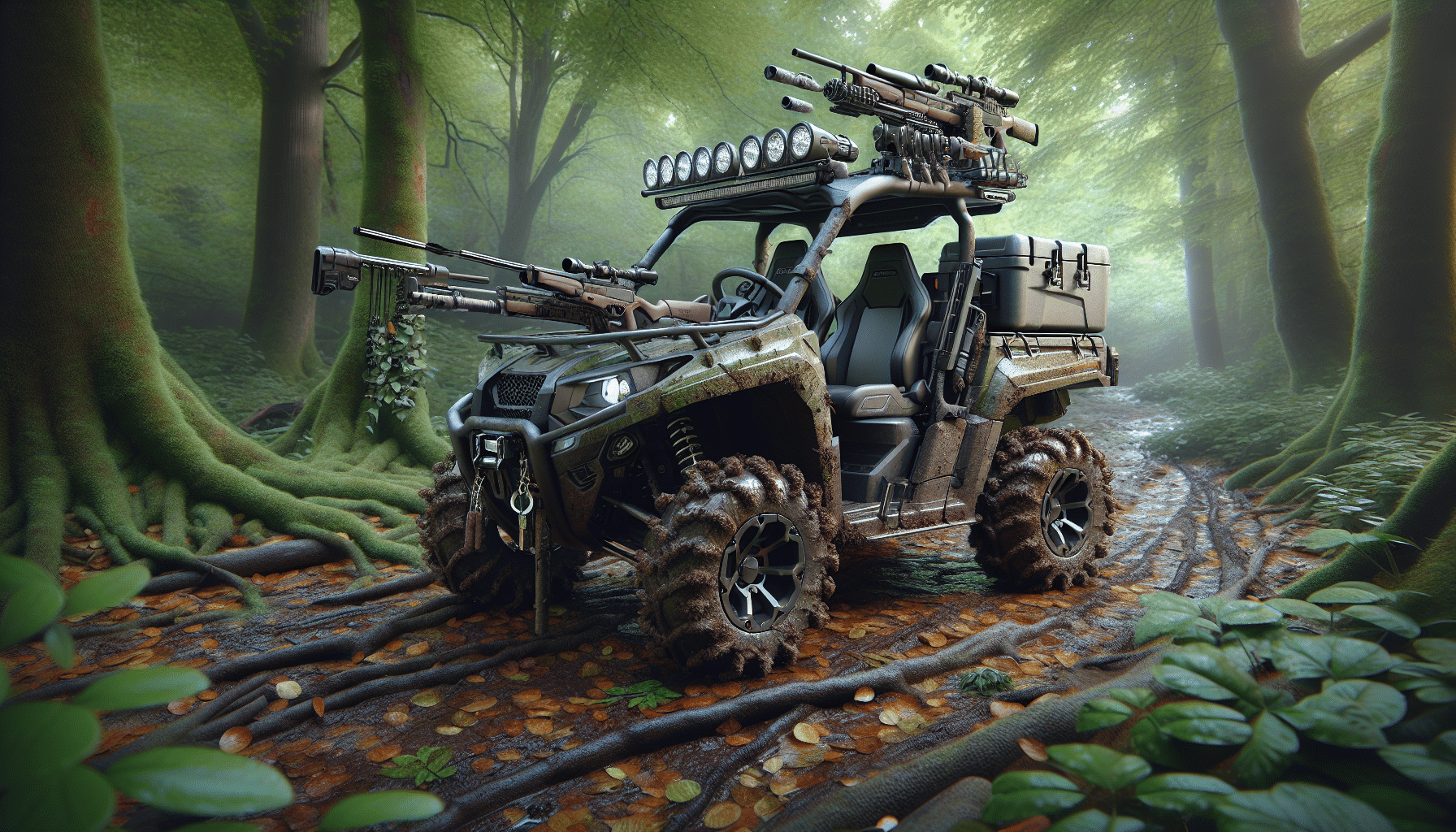 Depict a hyper-realistic image of an all-terrain vehicle (ATV) modified with various hunting accessories. Among the modifications, include top-mounted spotlights for better visibility, a gun rack on the sides for secure firearm storage, and a strapped on cooler in the rear for preserving hunted game. Make sure the vehicle is positioned in a lush forest setting, representing its off-road capabilities and usage in hunting. The ATV can be depicted as parked on a muddy trail with fallen leaves and tree branches scattered around. Do not include any humans or branded items in the scene.
