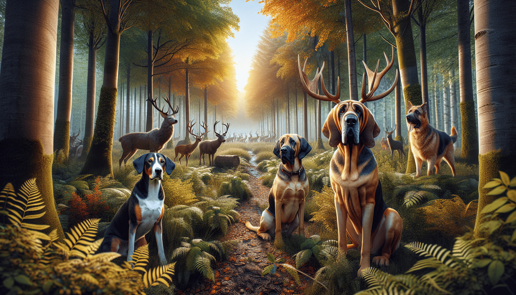 An ultra-realistic image representing the best blood tracking dog breeds for deer hunting without any text or human presence. The image should contain a scenic forest backdrop with trails indicative of deer activity. In the foreground, illustrate a few distinctive dogs renowned for their tracking abilities such as a Bloodhound, Bavarian Mountain Hound, and a Labrador Retriever. Ensure to depict the dogs in a focused and alert state, as if they are on the scent trail of a deer. Exclude any brands or logos.