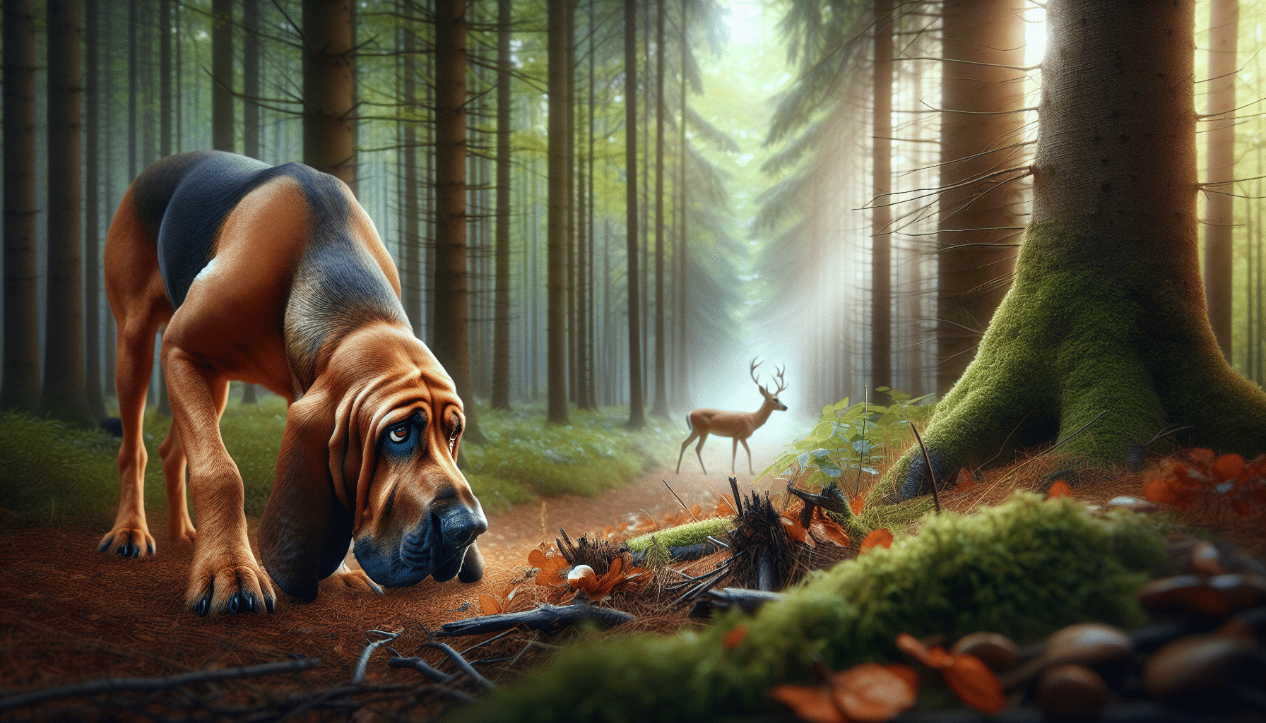 An incredibly realistic scene depicting a mid-sized dog breed, such as a bloodhound, attentively sniffing and following a faint trail through a dense forest. The dog eyes are alert and it is clearly focused on the task at hand, demonstrating discipline and training. The freshly fallen leaves and broken twigs on the ground suggest a deer had recently passed through the area. The landscape is rich with gentle shades of green and browns, with just a hint of sunlight filtering through the trees. The image excludes people, text, and brand names, focusing wholly on the trained dog and the wilderness.