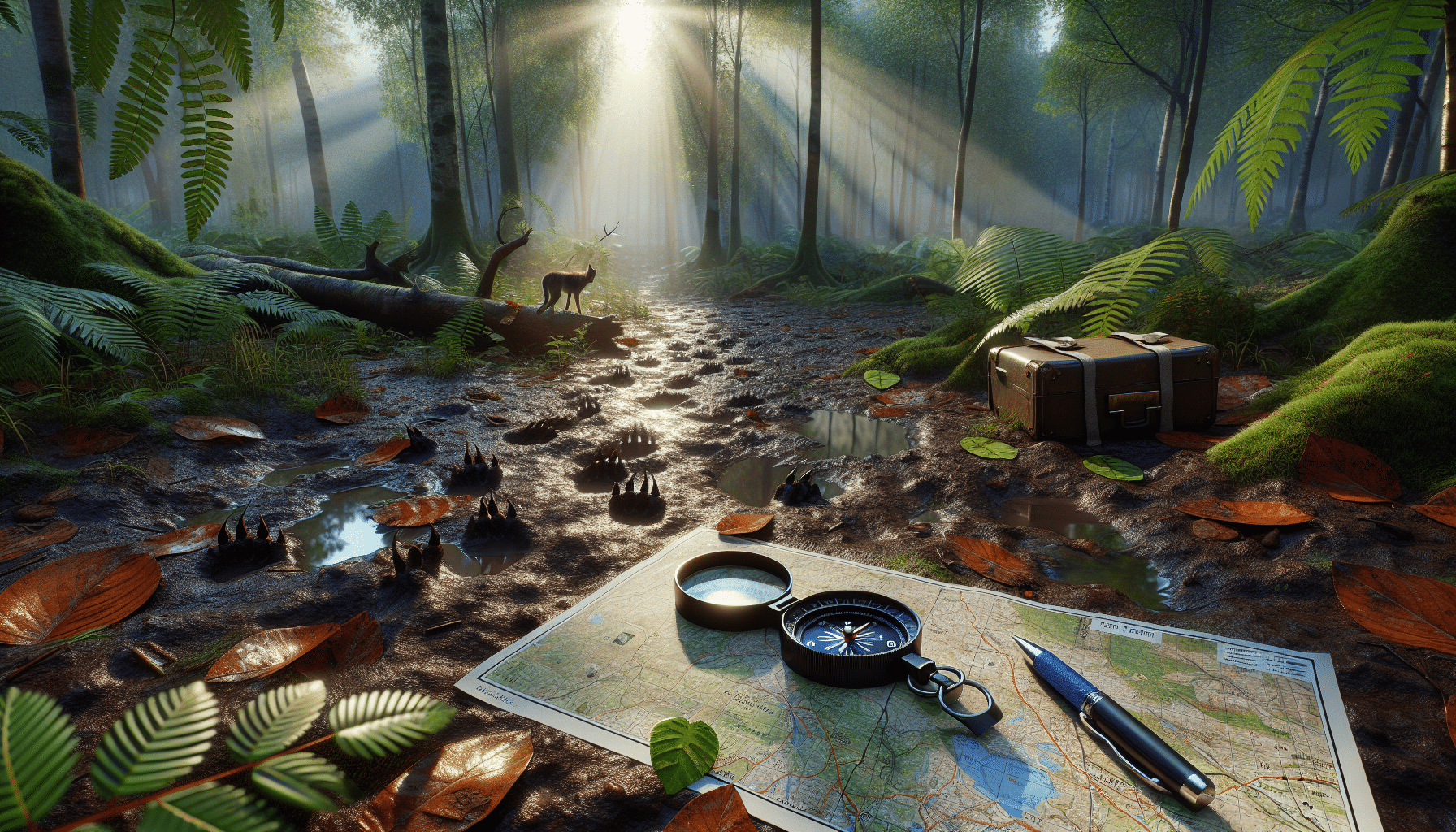 A hyper-realistic image of the scenery associated with tracking, such as a dense forest with fallen leaves on the ground, animal footprints visible in the mud, a compass and a map lying nearby. A magnifying glass could be found on the map, highlighting the significance of detail when tracking. Indicative of day time, sunrays beam through the gaps in the foliage, creating a serene atmosphere. No people are visible, and there's also no text or brand names on any items in the image.