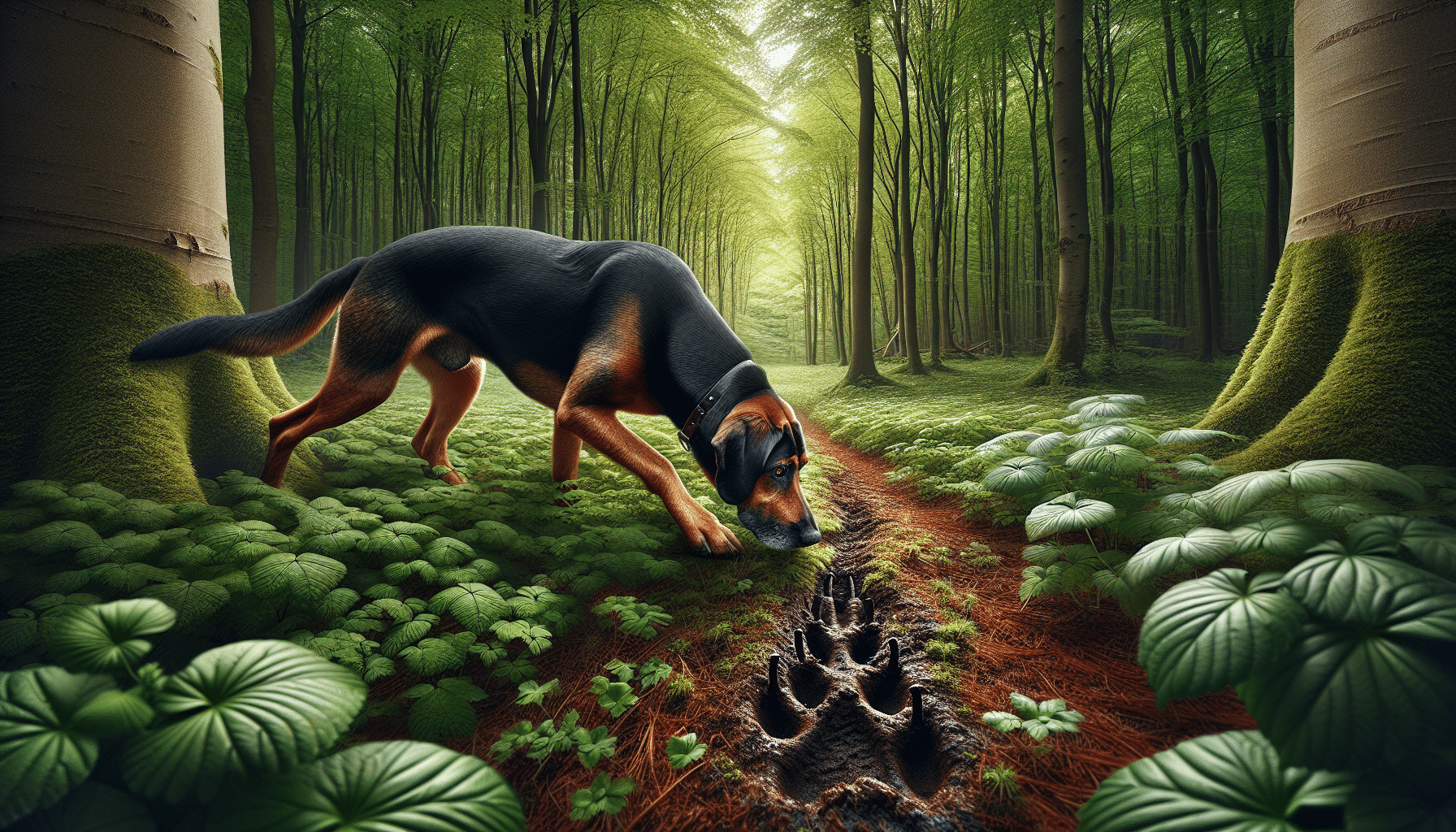 An incredibly realistic image of a well-trained tracking dog, possibly a breed like a bloodhound or a german shepherd, sniffing the ground in a lush, dense forest. The dog's coat is glossy and well-groomed, showcasing the care and dedication involved in training it for tracking. A deer track is visible in the rich, fertile soil of the forest floor that the dog is eagerly following. This image contains no brand names, logos, or people, emphasizing nature, professionals, and the relationship between a working dog and its environment.