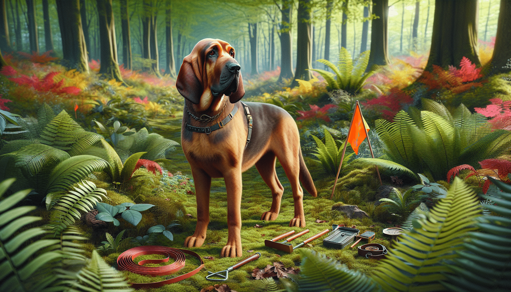An ultra-realistic depiction of a well-proportioned, young, healthy Bloodhound, standing alert in lush, open woodlands. The dog's keen nose is to the ground in a formal tracking position, capturing the essence of a blood tracking dog in training. Various training tools like harness, long leash and bright orange training flags are scattered around without having a particular brand name or logo. The environment is rich with nature's details, showcasing the woods' vibrant array of colors, with scattered leaves, varied vegetation and dappled sunshine filtering through the trees.