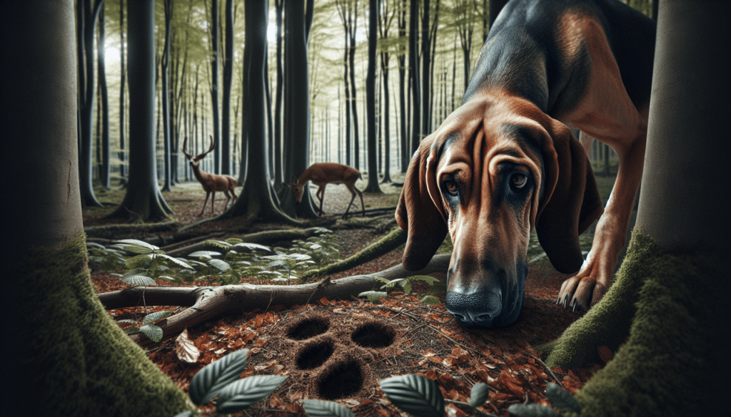 Create a hyper-realistic image featuring a dog in a dense forest setting. The breed of the dog should be a prominent scent-hound, such as a Bloodhound, to emphasize its tracking abilities. The dog's nose is to the ground, in an attentive tracking position. There should be signs of a wounded deer's passage, like a broken branch or disturbed leaves. The deer itself is not in the picture, but hints of its recent passage, like hoof prints or a fur snag, can be included. The image should not contain people, text, brand names, or logos.