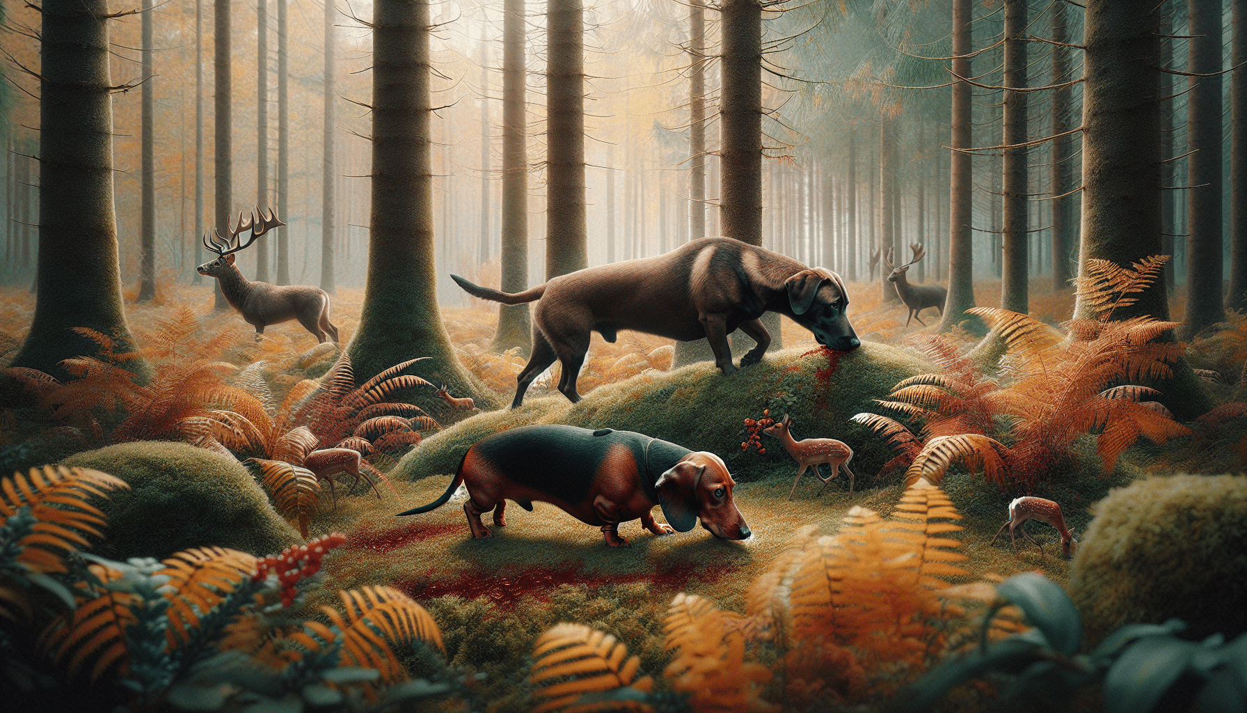 Create a hyper-realistic image of a setting in a forest, where a Dachshund and a Labrador Retriever are in the process of blood tracking. The Dachshund with its short legs and long body is seen meticulously sniffing the ground, while the Labrador, with its athletic build, is a few steps ahead, busily scouring the nearby bushes. The surroundings of the forest are dense with autumn foliage, a faint trail is visible suggesting a recent passage of deers. Please ensure that no text, brand names, logos or human figures are present in the image.