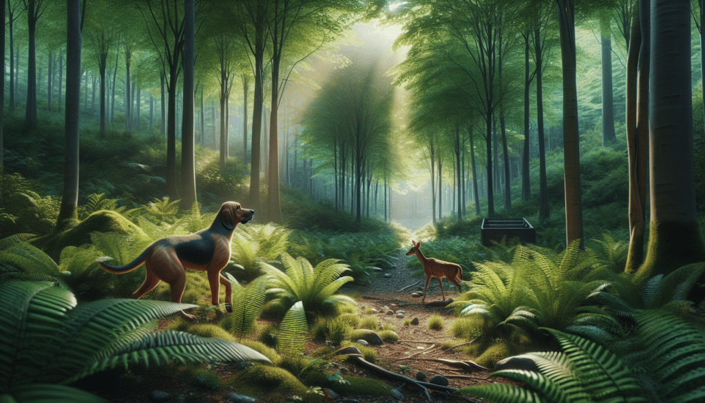 Create a hyperrealistic image showing a lush green forest scene, with dense vegetation and tall trees providing a verdant canopy overhead. Soft sunlight filters through the leaves, casting dappled light onto the forest floor. In this setting, a full-bodied, trained tracking dog, perhaps a bloodhound, can be seen. The dog is focused, its ears perched as if listening for a sound, its muzzle low to the ground, trailing a scent. Some distance from the dog, a deer appears. It is cautious and alert, possibly wounded, noticeable by a slight limp. No people, text, or brands should be visible in the scene.