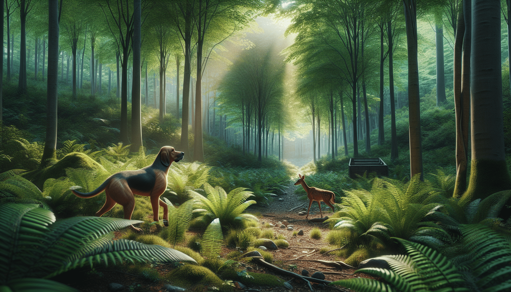 Create a hyperrealistic image showing a lush green forest scene, with dense vegetation and tall trees providing a verdant canopy overhead. Soft sunlight filters through the leaves, casting dappled light onto the forest floor. In this setting, a full-bodied, trained tracking dog, perhaps a bloodhound, can be seen. The dog is focused, its ears perched as if listening for a sound, its muzzle low to the ground, trailing a scent. Some distance from the dog, a deer appears. It is cautious and alert, possibly wounded, noticeable by a slight limp. No people, text, or brands should be visible in the scene.