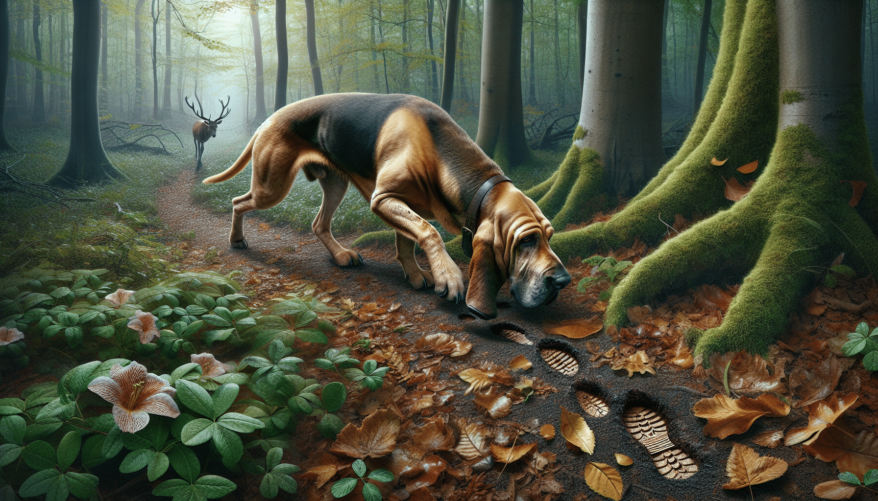 An extremely detailed and hyper-realistic image of a diligent tracking dog, possibly a Bloodhound with its well-known loose skin and long ears, caught mid-sniff as it follows a trail in a forest. Scattered leaves and underbrush visibly are disturbed indicating the path of a wounded deer. To hint at the topic without text, subtly incorporate deer hoof prints and signs of a slight disturbance. There should be no humans, text, or brand logos within the image.