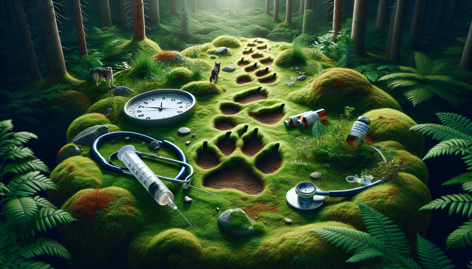 Create an image representing the concept of 'How Long After a Shot Can a Dog Track'. The image must be hyper-realistic. Imagine a lush green forest terrain with scattered shrubs and mossy covering. On this terrain, there should be a pair of paw prints leading to an unknown direction, symbolizing the dog’s tracking abilities. Nearby is a stethoscope and a typical generic syringe, denoting the 'shot'. The surrounding environment should evoke the passage of time, say, a sundial or gradually changing lighting in the forest from dawn to dusk. Note: Exclude humans, text, brand names, and logos from the image.