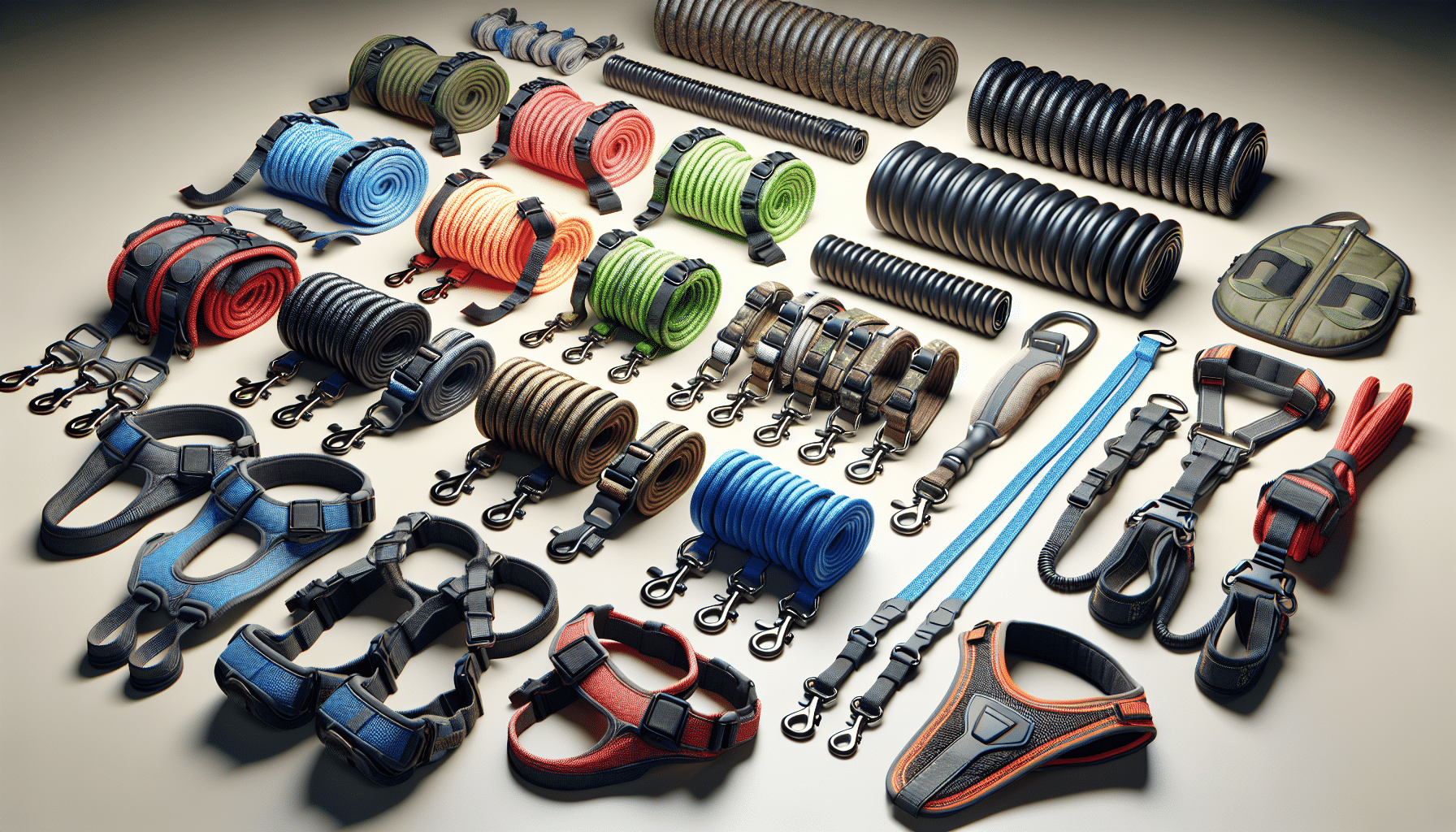 An ultra-realistic image of an array of dog leashes and harnesses appropriate for tracking dogs. The leashes are distinguished by their high durability, coiled designs, and water-resistance. Some harnesses have luminous trimming for improved visibility, whilst others are designed with padding for extra comfort. Multiple colors and sizes are represented, from smaller harnesses ideal for more compact tracking breeds to larger ones suited for bigger dogs. Layed out on a neat background, all the items are generic and don't contain any brand logos, names, or any other text.