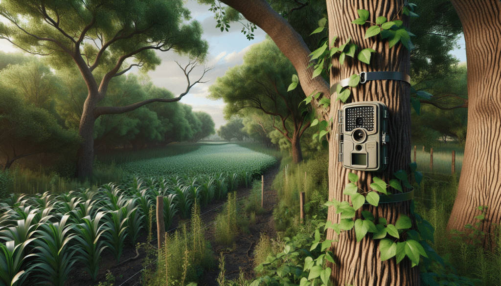 A hyper realistic image depicting an outdoor scene at the edge of a food plot (an area of crops intended to attract wildlife). The scene is lush and verdant with a variety of brushes and trees. In the foreground, a trail camera is subtly mounted to a sturdy tree with attention to concealment. The camera is securely strapped to the tree and its lens is aimed towards the food plot. There are no people, brand names, logos, or text in the image. The ambient lighting suggests late afternoon or early evening.
