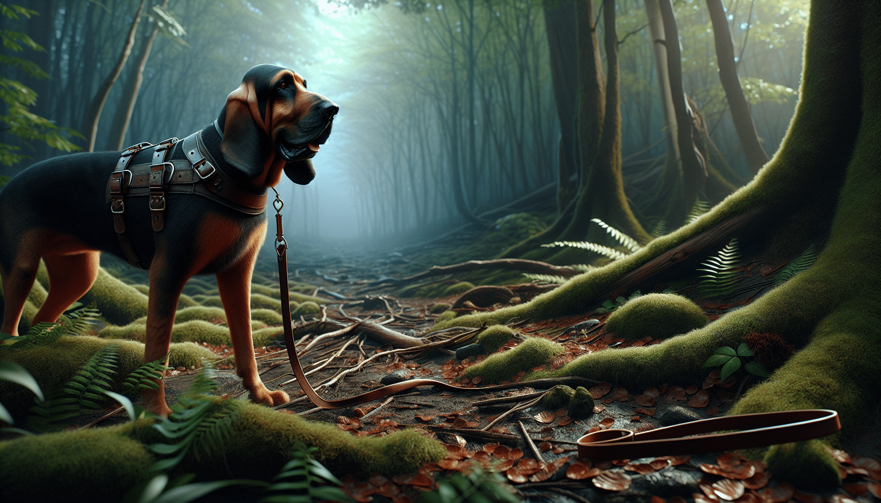 Create a highly detailed, hyper-realistic image showcasing the theme of 'Working With a Blood Tracking Dog Handler'. The scene should consist of a lush, deep forest terrain and a bloodhound, known for their tracking capabilities, equipped with a tracking harness. To indicate the presence of the handler without showing them, include elements like a sturdy leather leash running off the edge of the frame. The ground should be scattered with typical tracking signs: broken twigs, scattered leaves, and indistinct animal tracks. Remember to focus on the intensity of the bloodhound's posture and expression, and avoid including any people, text, brand names, logos in the image.
