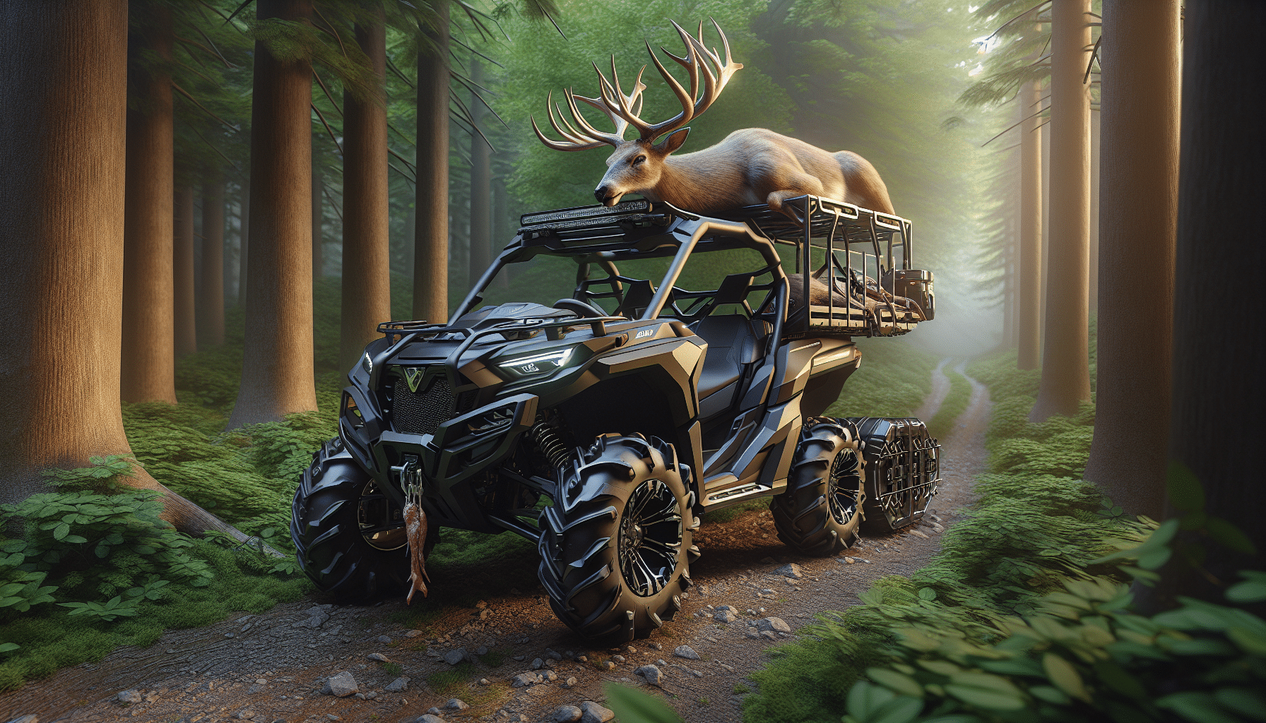 A Hyper-realistic scene of a sophisticated ATV parked on a trail in a dense, green forest. The ATV is depicted as sturdy, equipped with large, rugged tires and a high ground clearance. Attached to the back of the ATV is a custom-built rack, designed with the purpose of hauling a deer. On the rack lies a lifelike representation of a deer, already cleaned and prepared for transportation. The ATV and its trail are illuminated by the soft, orange glow of a setting sun filtering through the tree canopies, adding depth and realism to the scene. No text, people or brand logos are visible.
