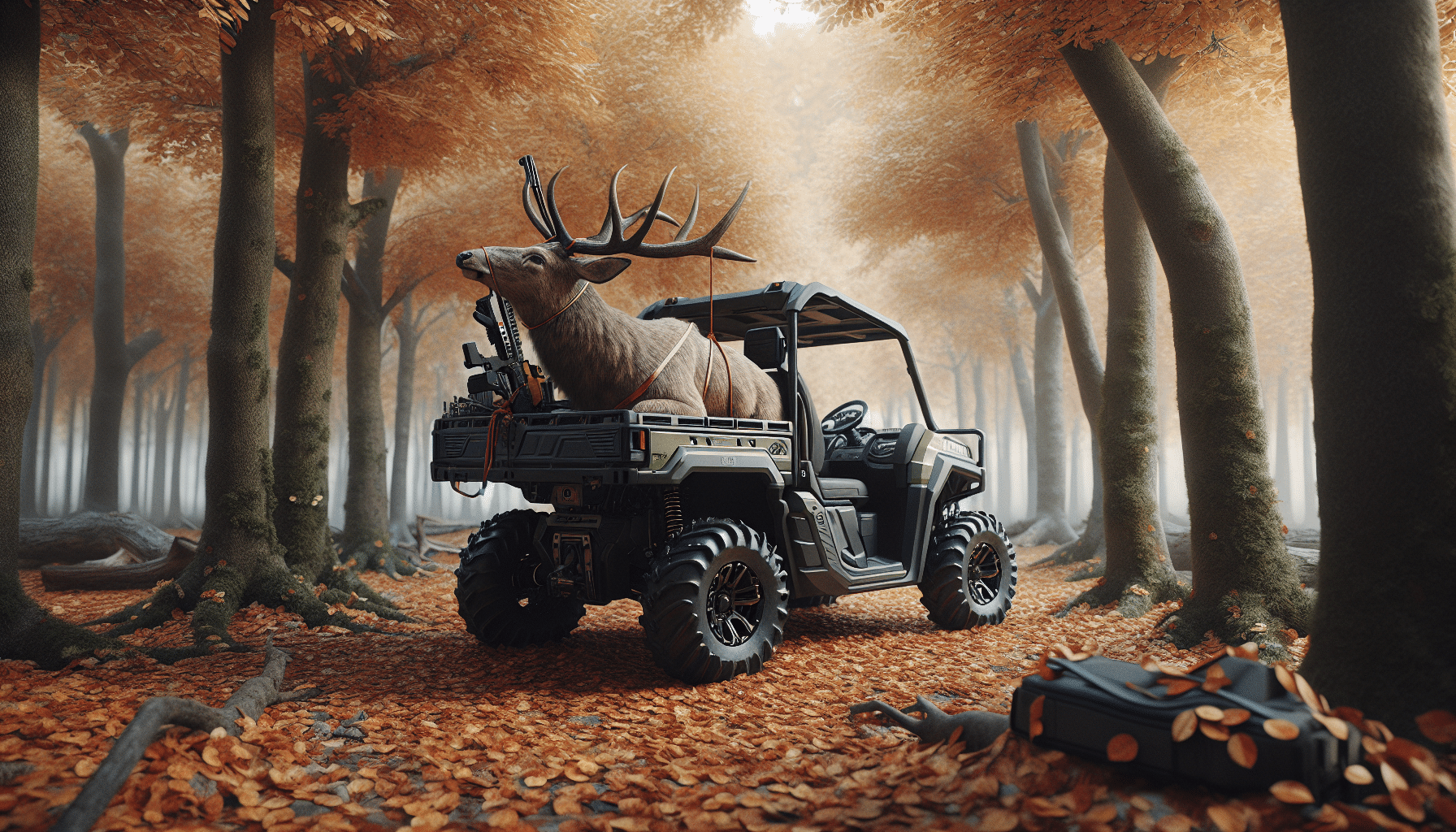 A hyper-realistic image depicting the process of loading a deer onto an all-terrain vehicle (ATV). The scene is set in a dense forest during the autumn season. Fallen leaves are scattered around the ATV, which is parked in a clear area. The ATV is depicted from a side perspective, showing the deer securely strapped in, signifying the accomplished task of loading it by oneself. The deer appears to be carefully and respectfully handled. There are no identifiable branding or logos on the ATV, and it lacks any human presence, maintaining focus on the process itself.
