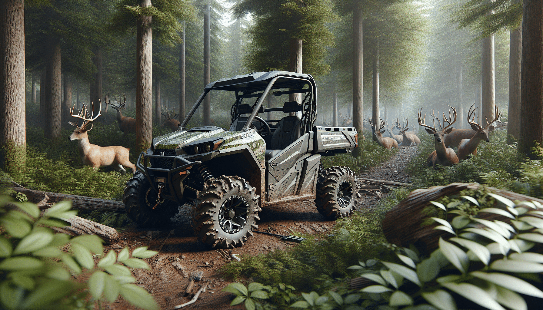 Create a hyper-realistic image of an Utility Terrain Vehicle (UTV) parked amidst a dense forest with signs of wildlife. The UTV should be demonstrated as an ideal vehicle for traversing the tough terrain often found during deer hunting. The image should highlight the UTV's off-road capabilities such as large profile tires and sturdy build for navigation through the dense wilderness. Please do not include brand names, logos, or text on any component of the UTV or within the image.