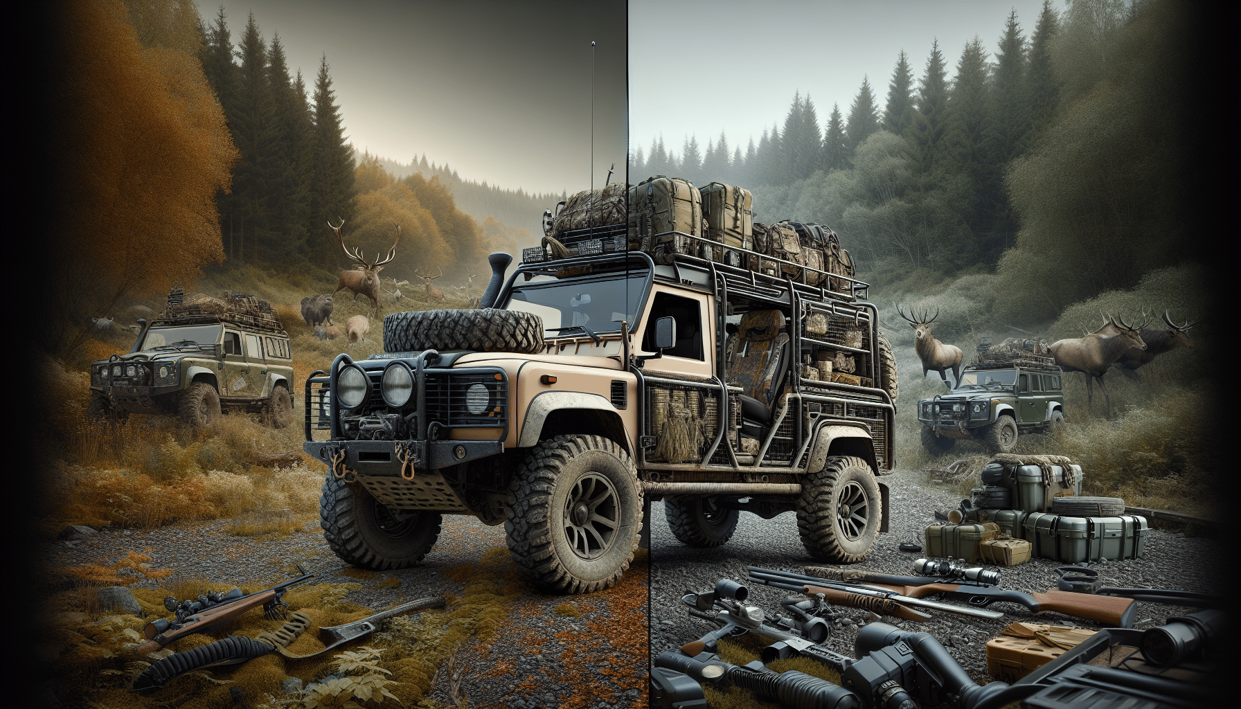 A high-resolution hyper-realistic image integrating two distinct scenes of hunting terrains, one on each half. On the left side, depict an off-road utility vehicle painted in muted earthy tones, equipped with rugged tires and hunting gears neatly organized. In the right portion, show another off-road utility vehicle in a contrasting color, loaded with distinct hunting paraphernalia like spotlights, hunting tools, and navigation equipment. The surrounding terrain should hint at the hunting activity, dense forests, perhaps a hint of animals in the far background. Pay close attention not to include any identifiable brand names, logos, or people.