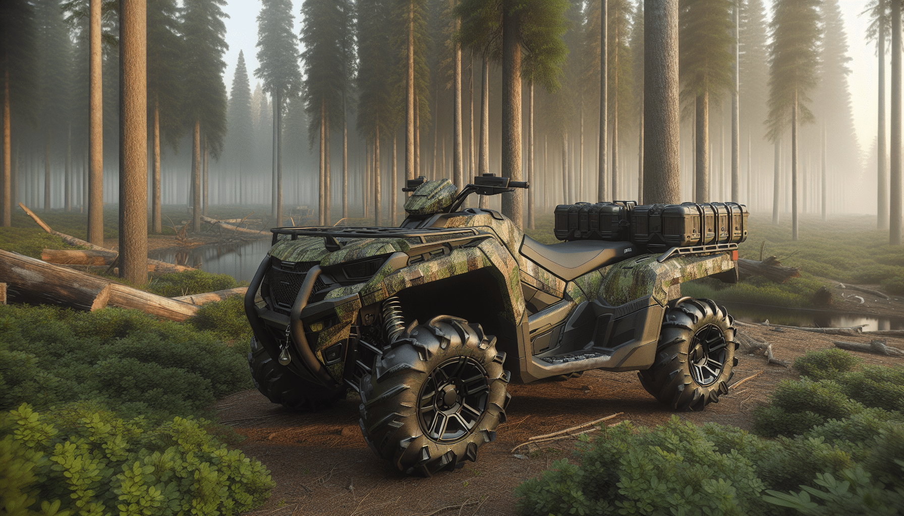 An extremely detailed, hyper-realistic image of a camouflage-painted ATV parked near the edge of a dense forest, early in the morning. A few prominently featured mufflers are visible, demonstrating the adaptation for quiet movement. There are no brand names or logos visible on the ATV, and it is clear of any text. There are no people present in the image, just the silent, serene wilderness and the discreetly designed, well-adapted vehicle.