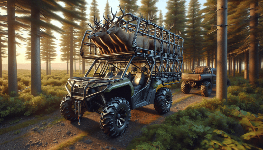 Render a hyper-realistic image showing an efficient, extraordinarily designed ATV rack, ideally suitable for hauling deer. The rack should be made of robust steel in a color that blends with nature, like a deep shade of forest green or a matty brown, with mechanical contraptions and tie-down points suggesting an effective and secure hauling system. The ATV should be off-road looking marked by its large wheels, firm body, and substantial suspension. The image should manifest a wild setting, maybe a trail cutting through a dense forest, the setting sun casting long shadows. Please note, no text, brand names, logos, or people should be included in the image.