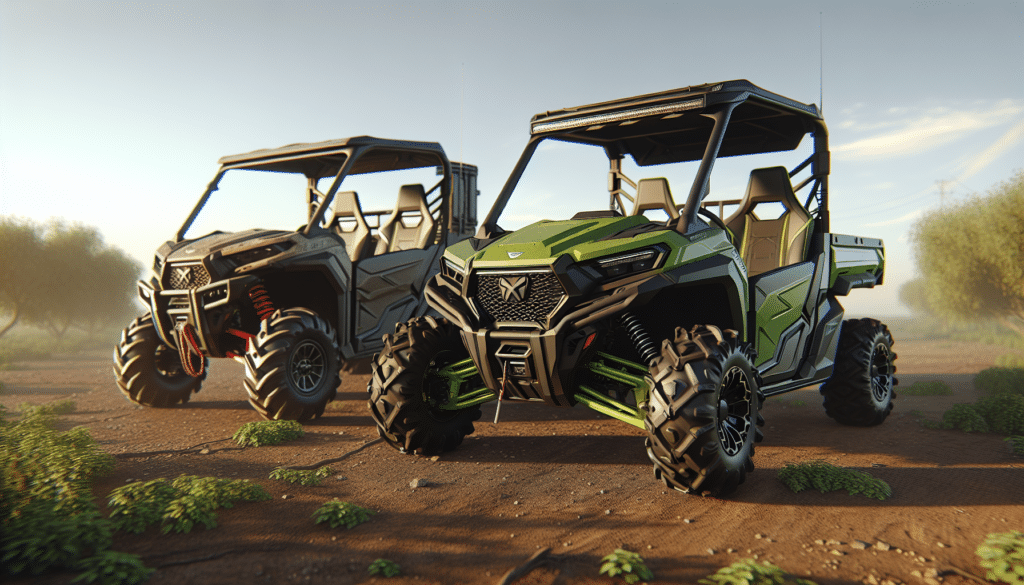 A hyper-realistic scene featuring two all-terrain vehicles: To the left, a utility vehicle popular in agriculture, known for its endurance and agility, fashioned in bright green with black and grey detailing. It's characterized by a generous cargo bed and compact design. To the right, a comparable side-by-side vehicle recognized for its comfort and speed, presented in a striking red hue with black accents. This vehicle boasts plush seating for two, ample storage space and robust suspension. They are parked side by side on natural terrain under a clear sky, casting long shadows. Note: No brand names, logos, text, or people are present.
