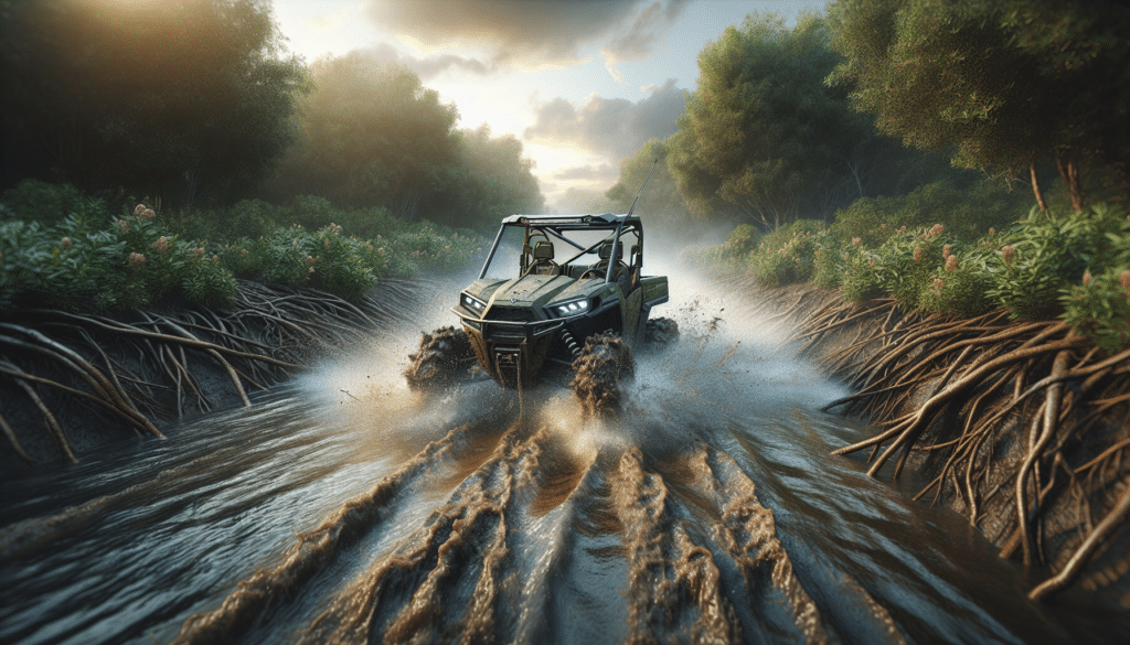 Create a highly realistic image of a hunting utility terrain vehicle (UTV) in the midst of crossing a deep body of water. The water has reached halfway up the wheels of the UTV. Foam and spray fly from the tires as they navigate through the water. Thick vegetation and root-clusted banks hint the presence of a dense forest in the background. The vehicle is a non-branded matte green with an occasional muddied splash, emphasizing its rugged nature. The sky overhead shows a few streaks of light from the settling sun casting a golden hue over the scene.