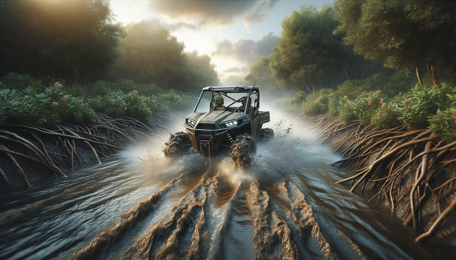 Create a highly realistic image of a hunting utility terrain vehicle (UTV) in the midst of crossing a deep body of water. The water has reached halfway up the wheels of the UTV. Foam and spray fly from the tires as they navigate through the water. Thick vegetation and root-clusted banks hint the presence of a dense forest in the background. The vehicle is a non-branded matte green with an occasional muddied splash, emphasizing its rugged nature. The sky overhead shows a few streaks of light from the settling sun casting a golden hue over the scene.