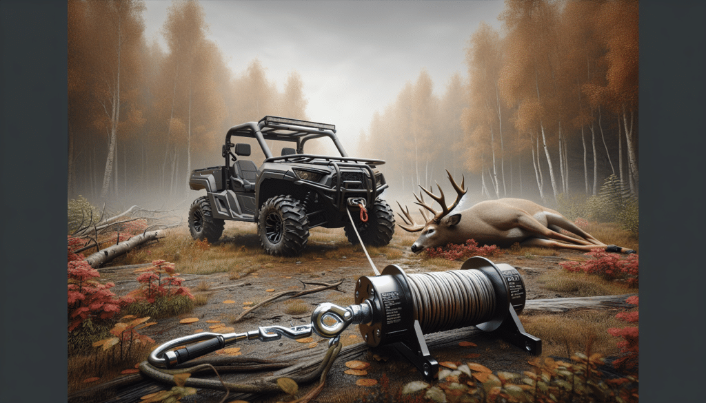A hyper realistic image depicting an ATV parked in a forest setting, surrounded by autumn foliage. The overcast sky suggests an early morning hunting trip. On the ATV, there is a sturdy, unbranded winch, seemingly designed for heavy duty tasks such as loading deer. The winch cable extends out toward a fallen deer, subtly suggesting its purpose, though the deer remains unattached, providing a respectful distance. The winch, the ATV and the deer are the main focus points of the image, providing a detailed and lifelike representation of the subject in question, without the presence of any human elements.