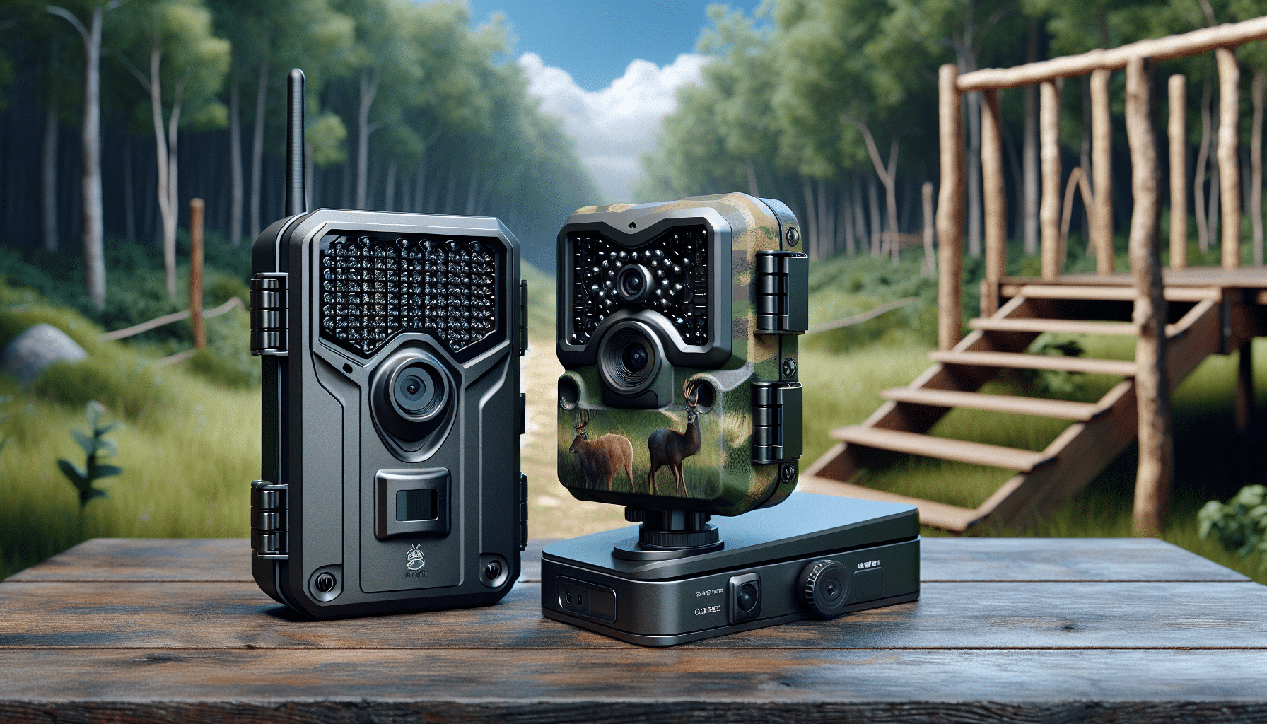An ultra-realistic still-life image showcasing two different types of trail cameras side by side, distinguished by their distinct physical designs. On the left, visually represent a compact and robust Camera-1 in matte black, equipped with large infrared sensors and a sturdy housing. On the right, depict Camera-2 as a somewhat larger model in camouflage pattern, boasting a high-powered antenna and advanced sensor array. The cameras should be resting on a wooden table with a grassy outdoor setting in the background, with trails leading into a thick forest under a clear blue sky, indicating their use in outdoor, remote settings.