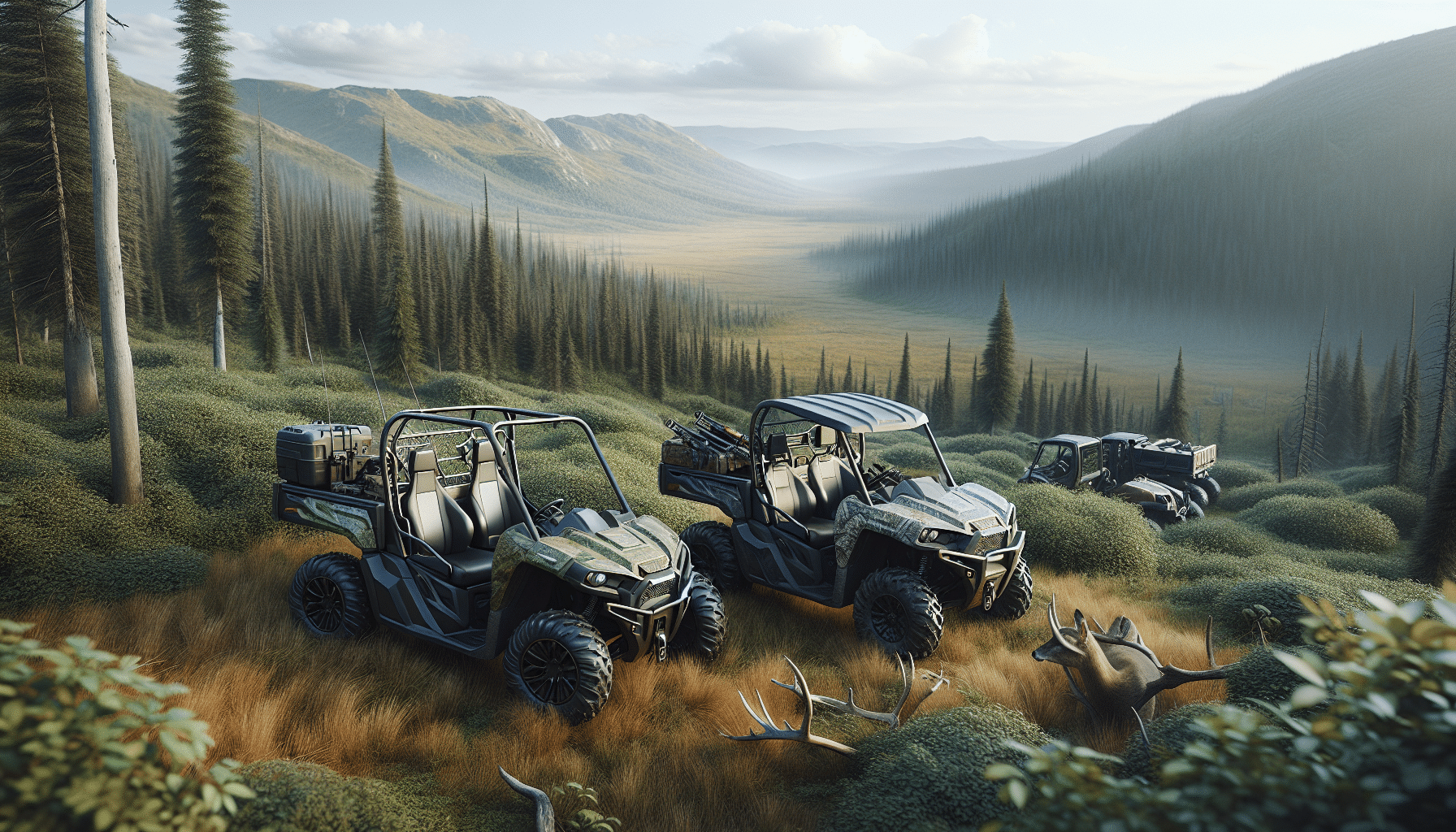 A hyper-realistic scenery containing two distinct vehicles: an ATV and a UTV, both parked side by side. The ATV is depicted as nimble and compact, perfect for navigating tight forest trails, while the UTV, larger and more robust, is built for endurance and heavy duty tasks. Both are non-branded, generic vehicles and neither has any visible text or logos on them. They are placed against a backdrop of a diverse hunting terrain, featuring dense forest, rugged hills, and vast grasslands, facilitating a comparison of their utility in such environments. No people are present in this scene.