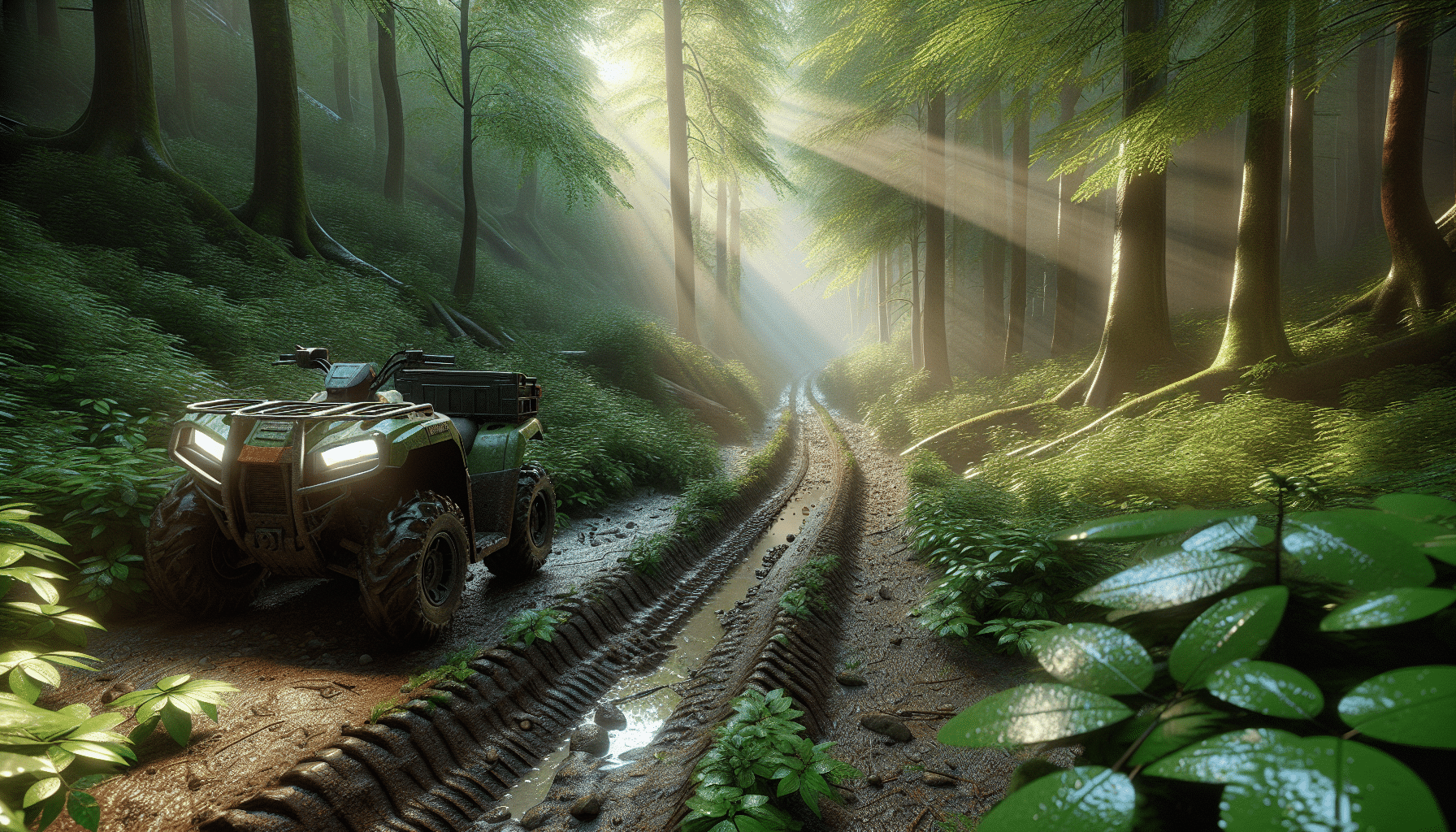 A hyper-realistic image of an all-terrain vehicle (ATV) trail meandering through a serene and dense forest. The green foliage is moist with dew and rays of the early morning sun stream through the gaps in the leaves. The trail, rough with small pebbles and patches of earth, veers into the unseen distance. The ATV on the foreground is inconspicuous, blending with the natural colors of the environment, standing still and quiet. No sign of human presence, such as footprints or litter, can be seen in the scene - a testament to the tranquility.