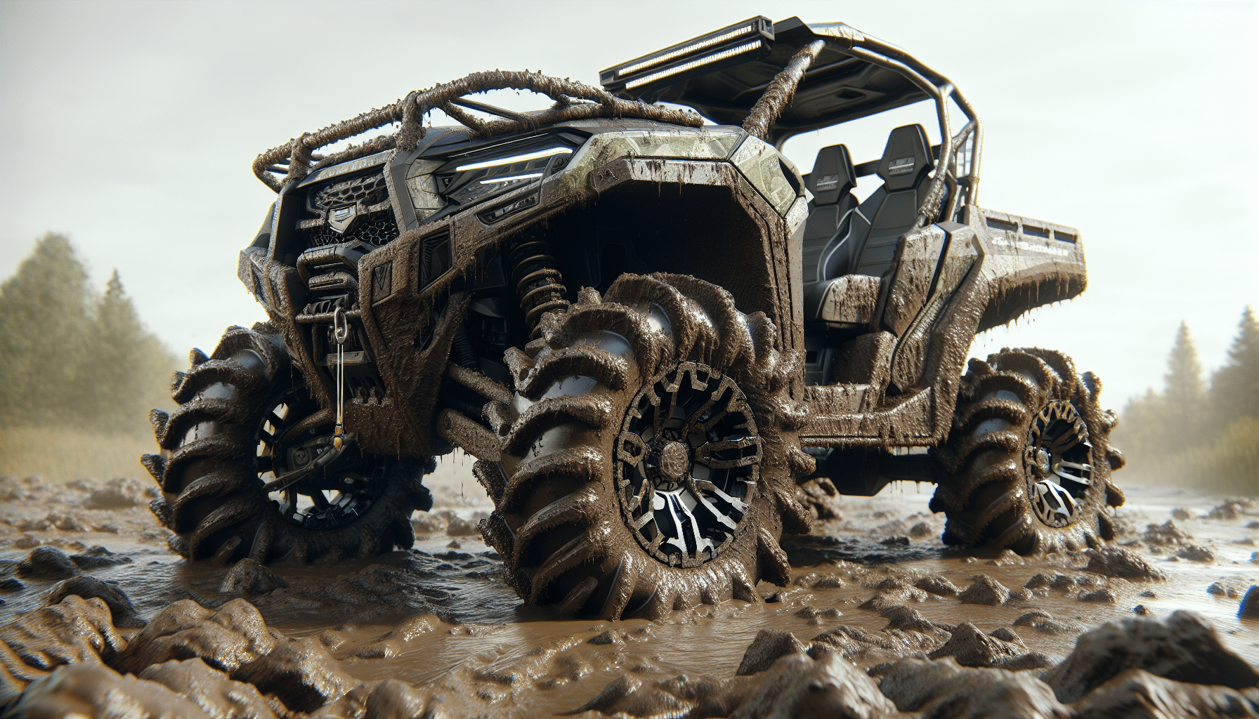 Hyper-realistic illustration of an All-Terrain Vehicle (ATV) equipped with chunky, mud-resistant tires. The ATV is designed for hunting and is presented in a muddy outdoor environment. There are no brand names, logos, or people present in the scene. The body and tires of the ATV are heavily splattered with mud, showcasing the efficiency of the tires in muddy terrain. The focus is on the tires' exceptional grip and traction in the mud, with distinct features such as their deep treads and robust build. The background is a harsh, muddy landscape, further emphasizing the ruggedness of the ATV and its tires.