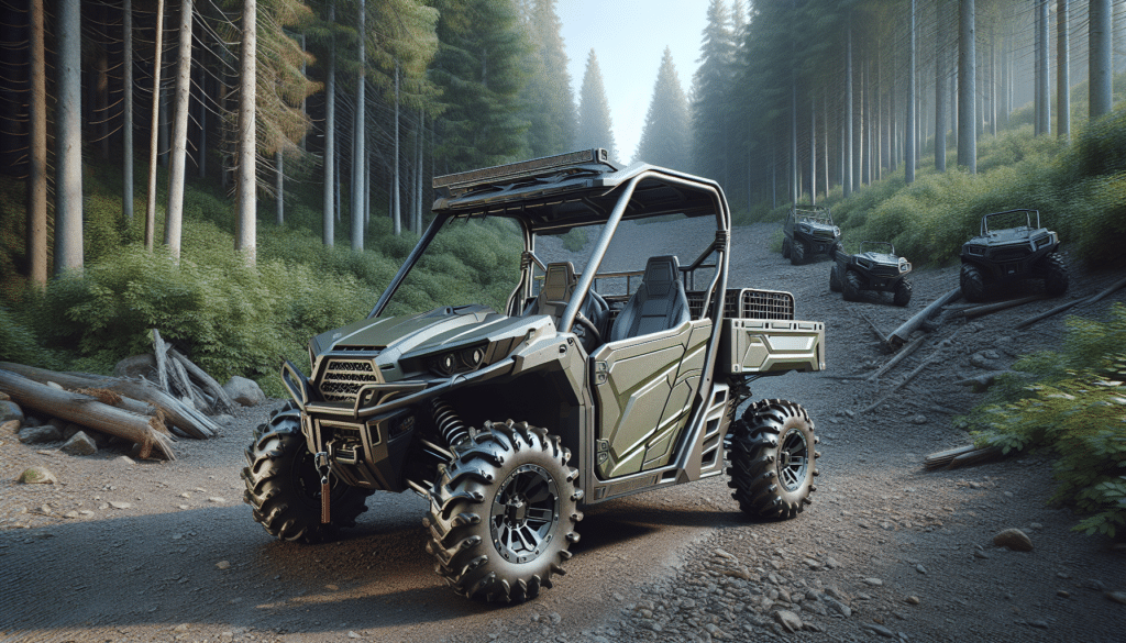 Create a hyper-realistic image of a utility terrain vehicle (UTV), without any distinguishing brand logos or names. The UTV is pictured in a rugged, outdoor setting with a background of dense woods. To the left is one vehicle featuring an enclosed design with protection from the elements, tough tires for the rugged terrain, and sturdy carriage for heavy-duty use. To the right is another UTV which appears more open-air, sporting equally rugged tires but with an emphasis on speed and maneuverability. Neither UTV contains any people, ensuring emphasis purely on their design and potential functionality. No textual content is present in the image.