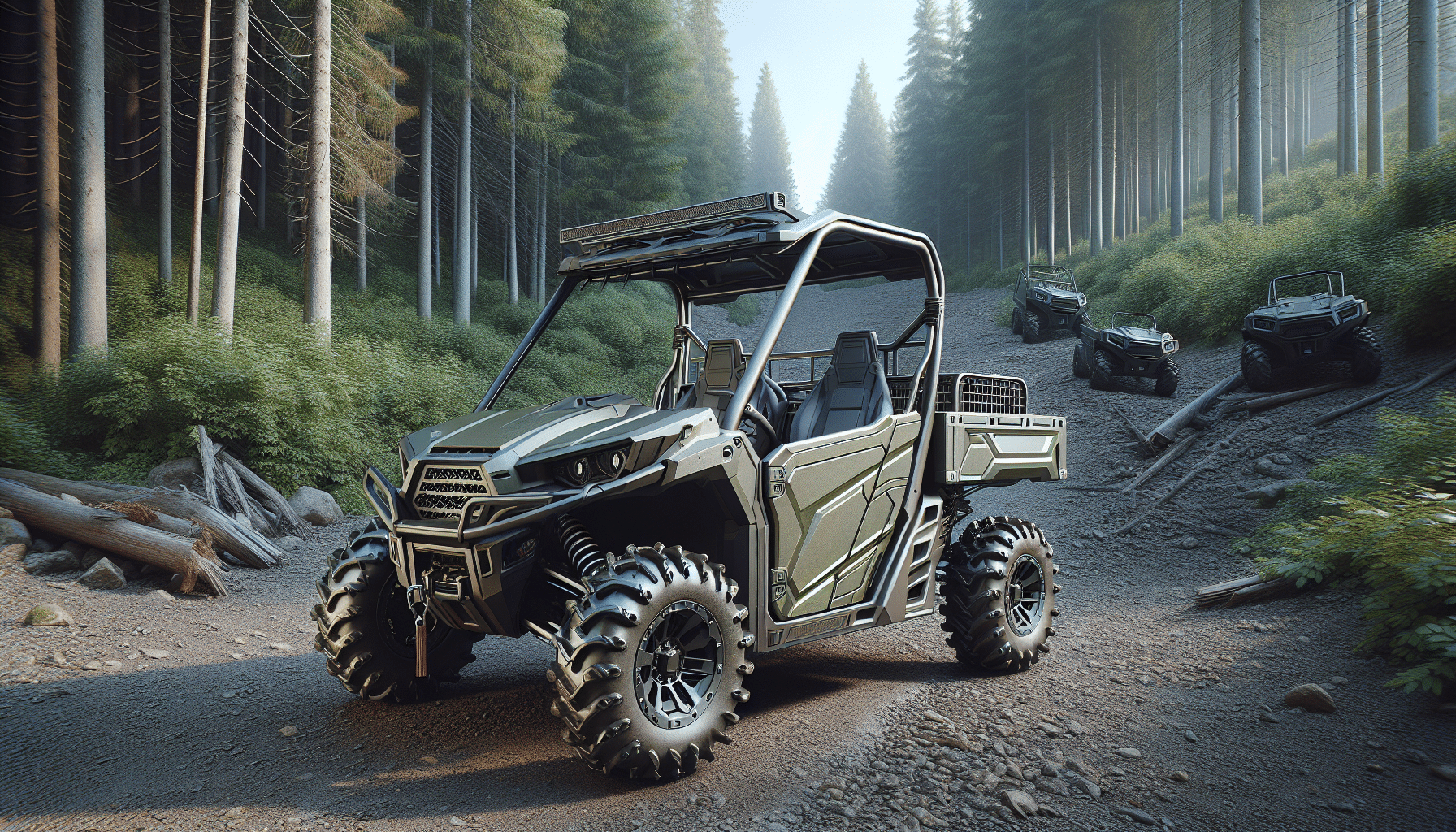 Create a hyper-realistic image of a utility terrain vehicle (UTV), without any distinguishing brand logos or names. The UTV is pictured in a rugged, outdoor setting with a background of dense woods. To the left is one vehicle featuring an enclosed design with protection from the elements, tough tires for the rugged terrain, and sturdy carriage for heavy-duty use. To the right is another UTV which appears more open-air, sporting equally rugged tires but with an emphasis on speed and maneuverability. Neither UTV contains any people, ensuring emphasis purely on their design and potential functionality. No textual content is present in the image.