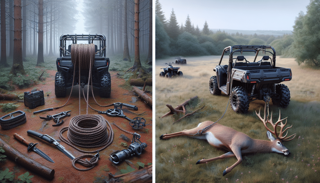 A hyper-realistic image showcasing two different methods of deer retrieval on a side-by-side comparison. On the left, a traditional and manual method, a high-quality deer drag consisting of a sturdy harness and strong rope, laid out on a clear forest ground. On the right, an all-terrain vehicle (ATV), without any brand or logos, parked in an open field, showing a harness and pulley system attached to its rear for hoisting and transporting a deer. Both settings are detailed and serene, untouched by human presence, encapsulating the quiet ruggedness of outdoor hunting scenarios.