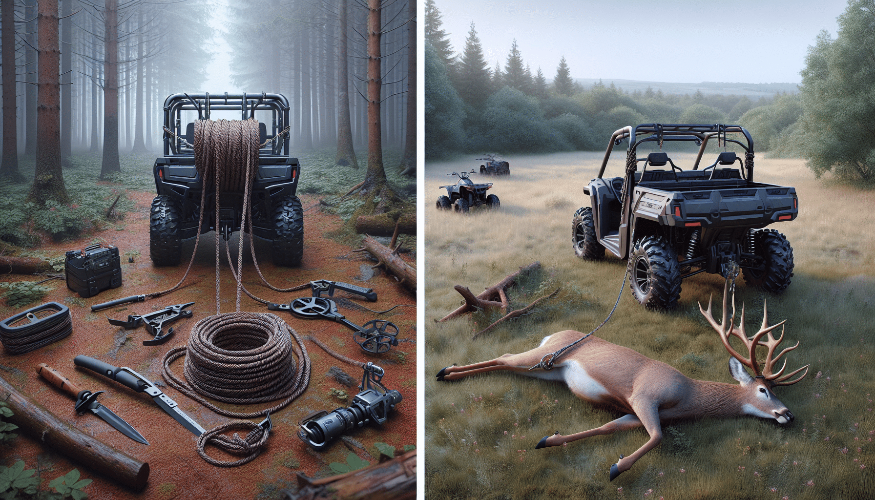 A hyper-realistic image showcasing two different methods of deer retrieval on a side-by-side comparison. On the left, a traditional and manual method, a high-quality deer drag consisting of a sturdy harness and strong rope, laid out on a clear forest ground. On the right, an all-terrain vehicle (ATV), without any brand or logos, parked in an open field, showing a harness and pulley system attached to its rear for hoisting and transporting a deer. Both settings are detailed and serene, untouched by human presence, encapsulating the quiet ruggedness of outdoor hunting scenarios.