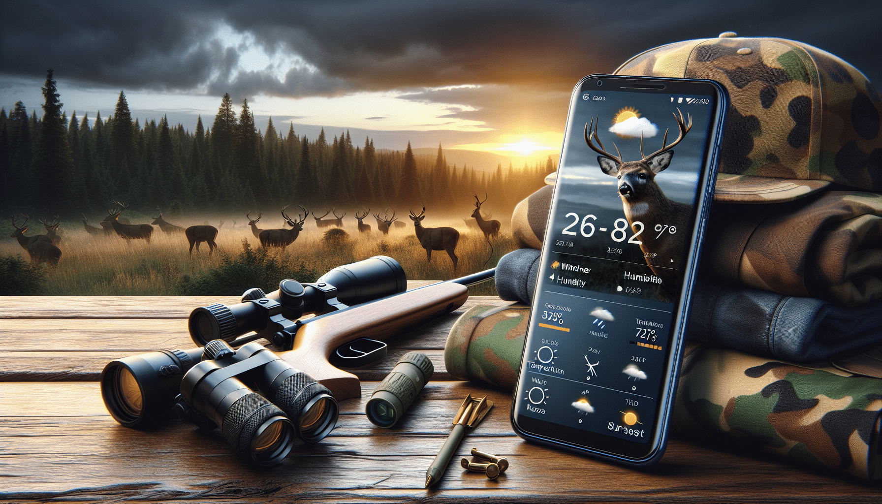Create a hyper-realistic image that encapsulates the concept of a weather app for deer hunting. Display a sleek, modern smartphone showing a sophisticated weather app interface. The app screen could show weather conditions such as wind direction, temperature, humidity, sunrise and sunset times, which are essential for deer hunting. Surrounding the phone could be hunting gears like camouflage clothing, binoculars, and a hunting rifle, laid out on a wooden table. The background could be a scenic forest at dawn, with deers grazing in the distant meadow, framed by the golden light of sunrise.