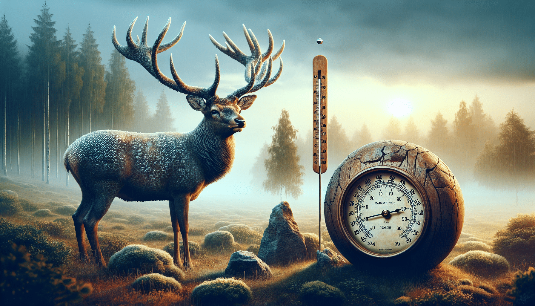 An exceptionally realistic image. It's a woodland scene at dawn, with a light fog hovering above the ground. A magnificent deer, with a rack of antlers covered in morning dew, pauses in clear view. By its side, a classic barometer has been creatively embodied as a naturally occurring stone formation. The sky above gives the impression of ideal barometric pressure, not too heavy, not too light. There are no human figures, no brand names, and no written words in this picturesque scene.