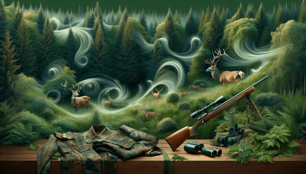 Create a hyper-realistic image representing the concept of reading wind thermals for deer hunting. The composition should feature characteristic elements of the activity. This includes a lush, green forested landscape abundant with trees and foliage, emphasizing the natural surroundings where deer hunting typically occurs. The sensation of invisible wind thermals could be visualized as soft swirls or wisps of air currents flowing through the scene. Perhaps include a couple of deer, signifying the hunting target, cautiously alert in the distant foliage. Equipment common to the activity such as a hunting rifle, camouflage clothing, or binoculars, might be surreptitiously placed, hinting at the human presence without directly showing a person.