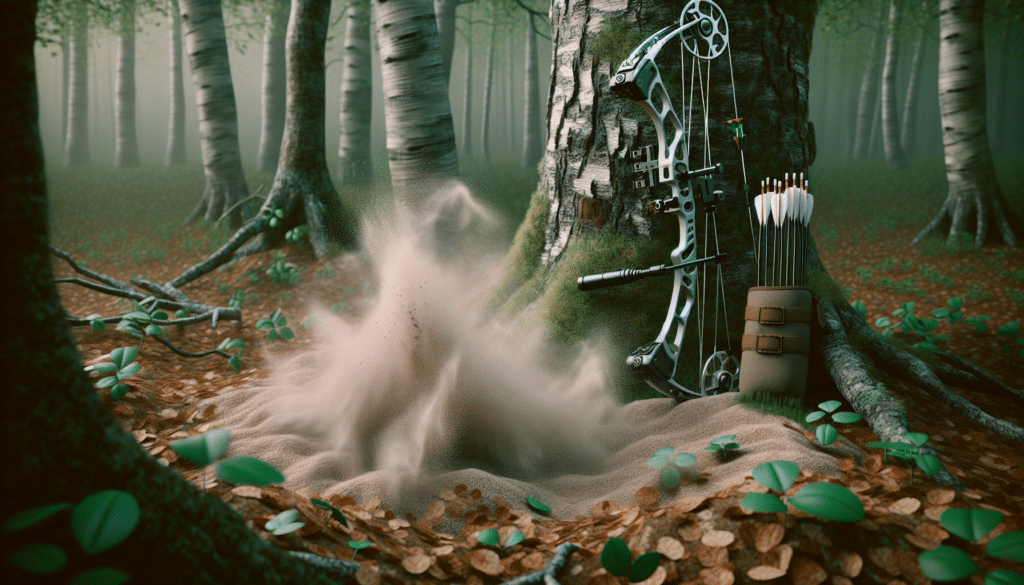 Generating a hyper-realistic scene set in a densely forested environment, the ground blanketed in fallen leaves. The focus of the image is a wind checker, used for bow hunting, in the process of being used. It displays fine talc-like substance being released into the air, swirling in the breezy conditions of the forest, indicating the wind direction. Surrounding the focal point is a compound bow leaning against a tree bark, a quiver full of arrows nearby, and an isolated deer's footprint in the soft soil. There are no individuals in the view, all items are without text, labels or brand names.