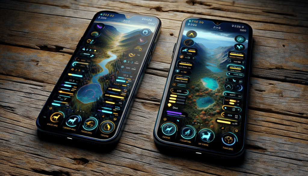 A hyper-realistic image of two sleek, modern smartphones placed next to each other on a rustic wooden table. Each phone screen illuminates with a unique interface highlighting contrasting colors and differing features, reflecting two generic hunting apps. The left app emphasizes tracking and trail-following with intricate maps and trails, while the right one focuses more on detailed terrain data and wildlife spotting. There are no people, symbols, brand names or logos visible in the image, just two distinct applications being compared visually without any text or logos.