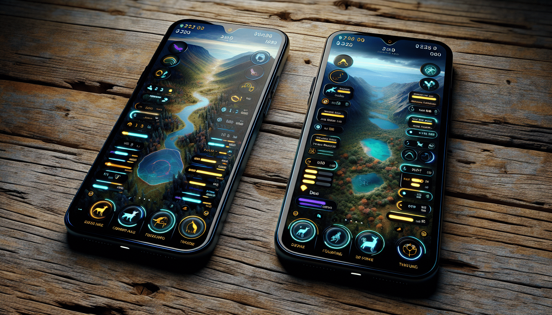 A hyper-realistic image of two sleek, modern smartphones placed next to each other on a rustic wooden table. Each phone screen illuminates with a unique interface highlighting contrasting colors and differing features, reflecting two generic hunting apps. The left app emphasizes tracking and trail-following with intricate maps and trails, while the right one focuses more on detailed terrain data and wildlife spotting. There are no people, symbols, brand names or logos visible in the image, just two distinct applications being compared visually without any text or logos.